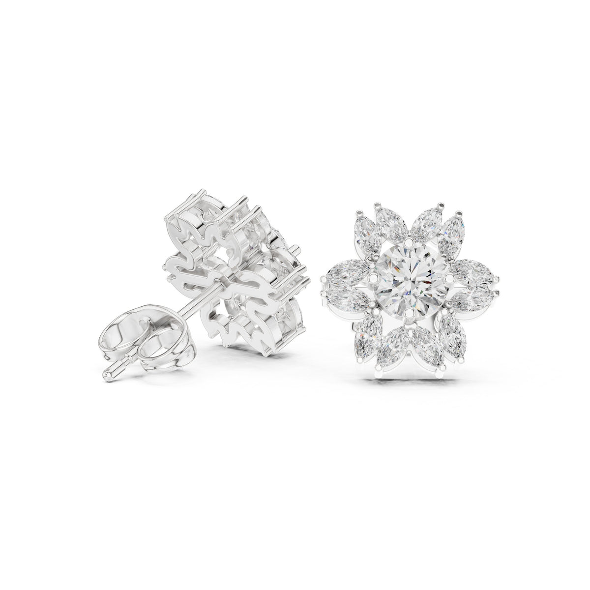 Marquise Flower Round Diamond Stud Earrings