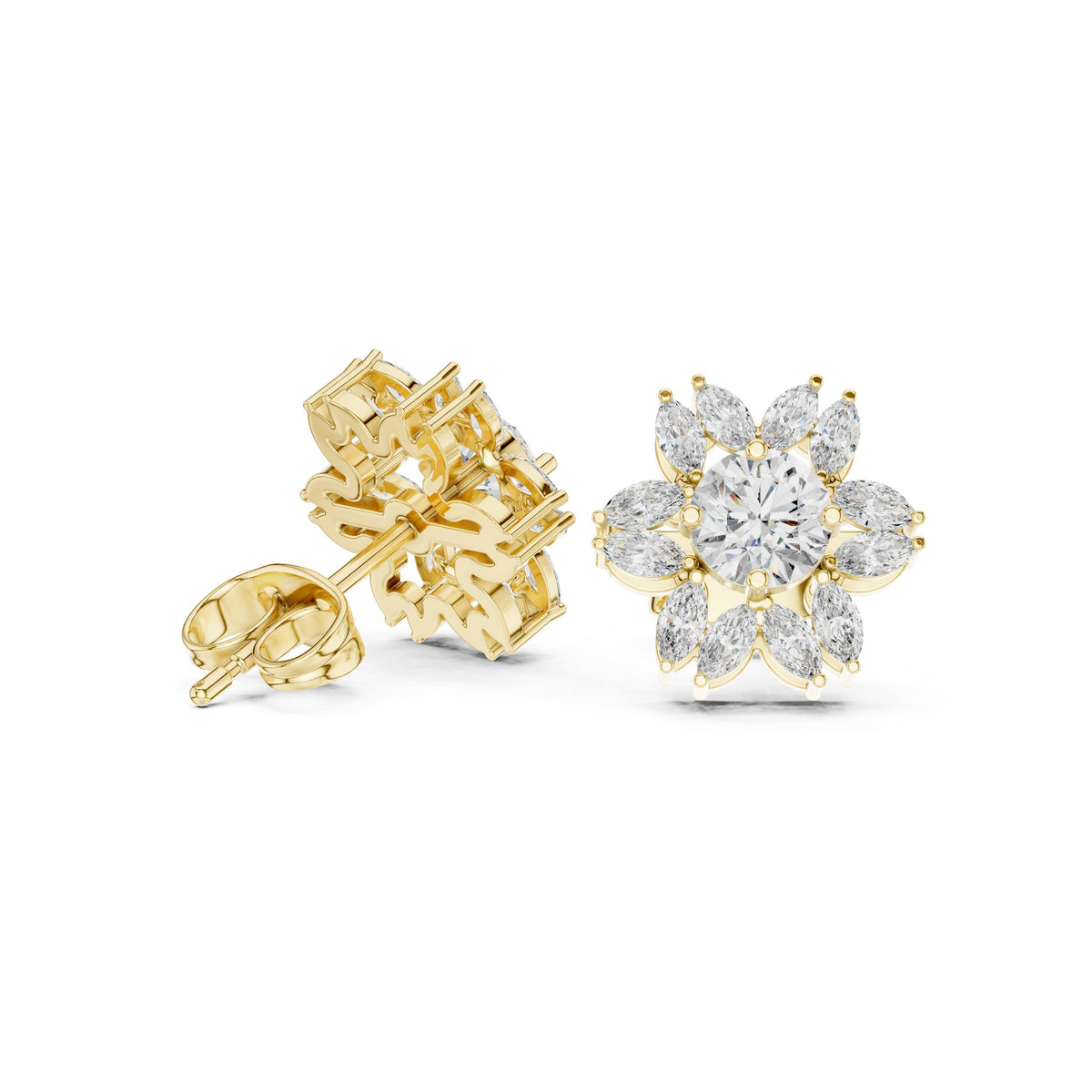 Marquise Flower Round Diamond Stud Earrings