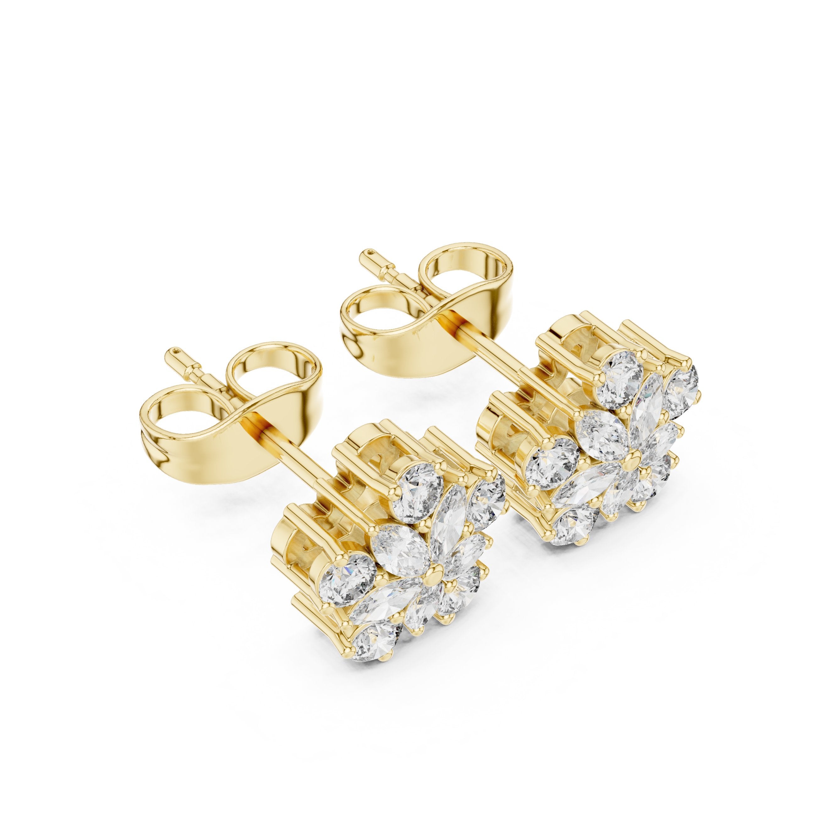Radiant Angular Bail Diamond Stud Earrings in Yellow Gold - VYKA Diamonds