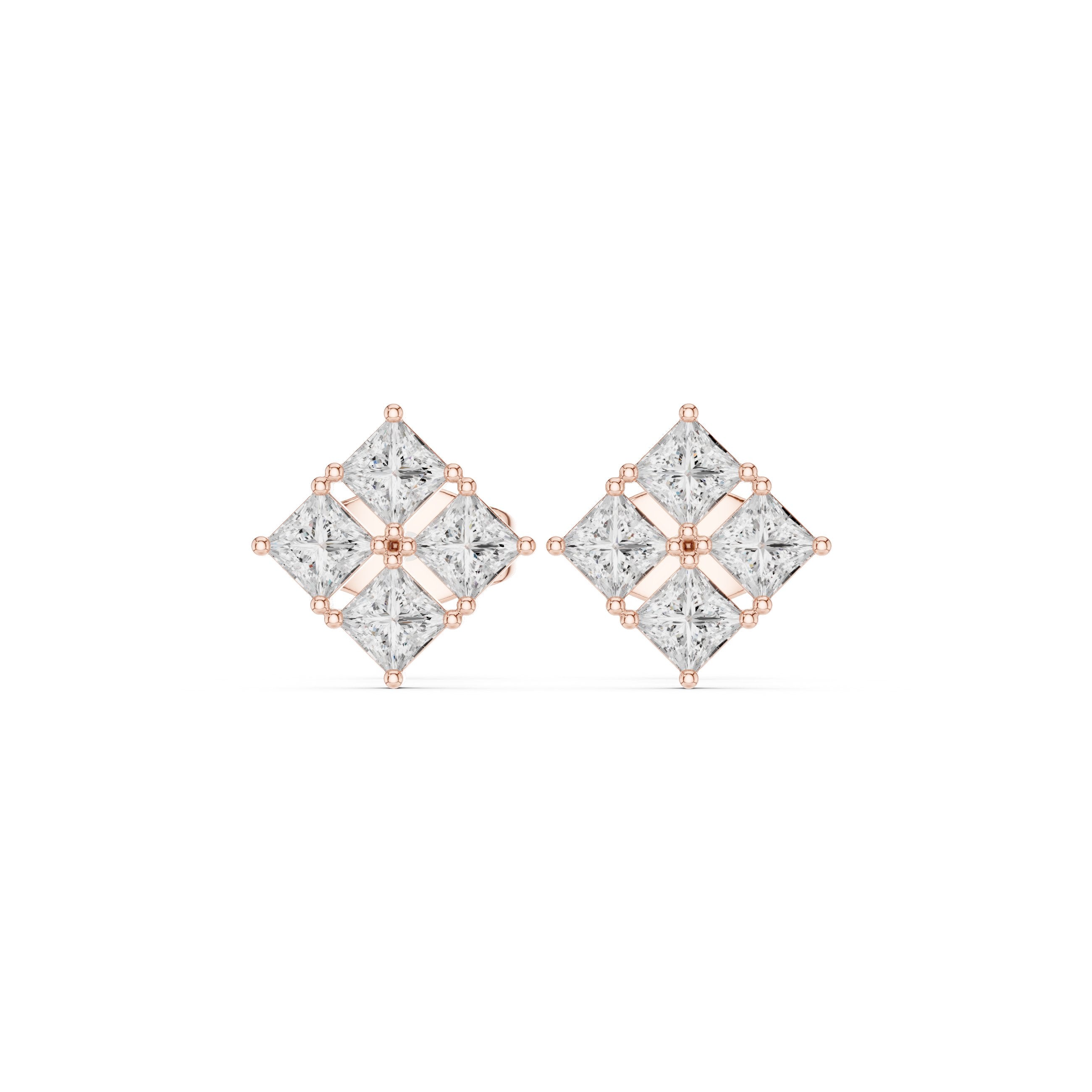 Cushion Tapered Halo Diamond Stud Earrings in Rose Gold - VYKA Diamonds