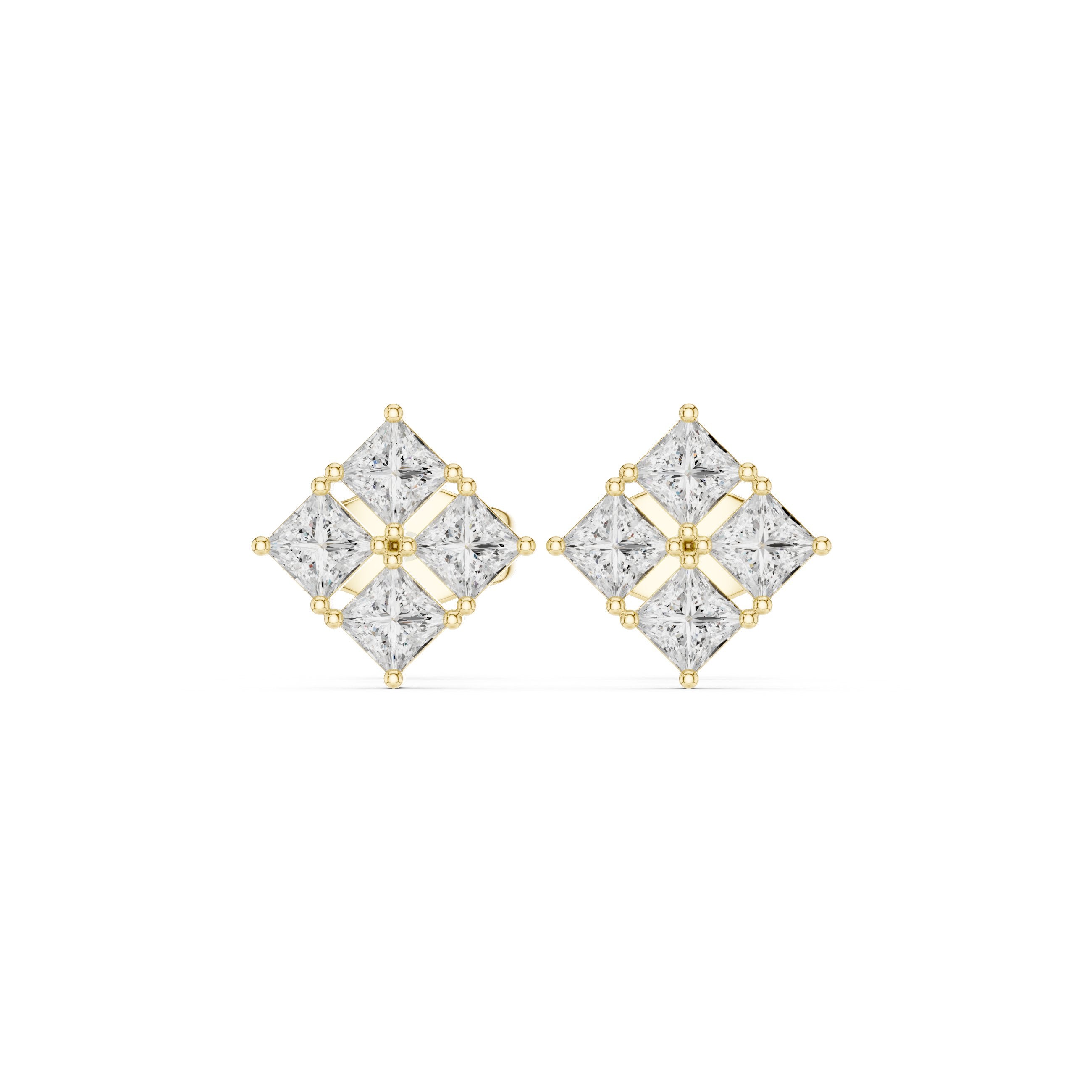 Cushion Tapered Halo Diamond Stud Earrings in Yellow Gold - VYKA Diamonds