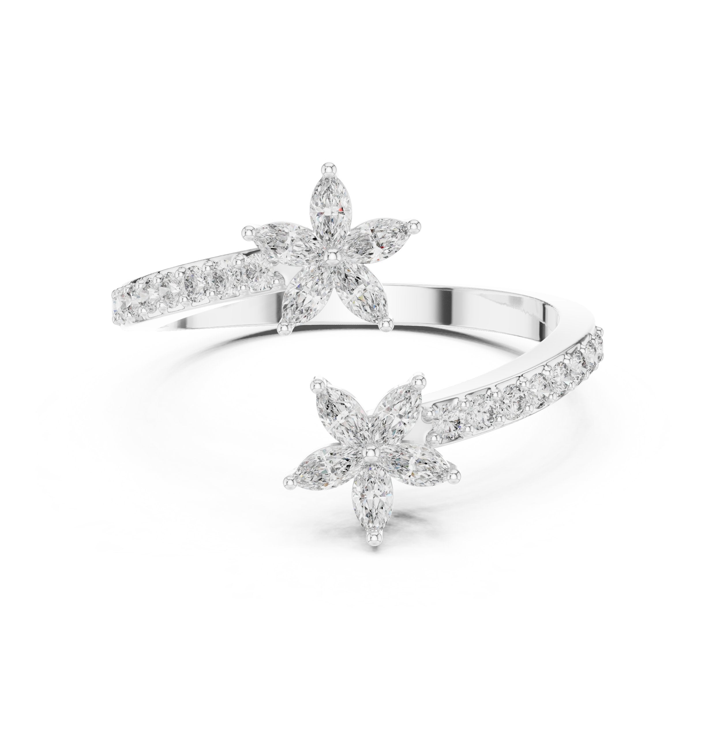 Double Flower Bypass Diamond Ring in White Gold - VYKA Diamonds