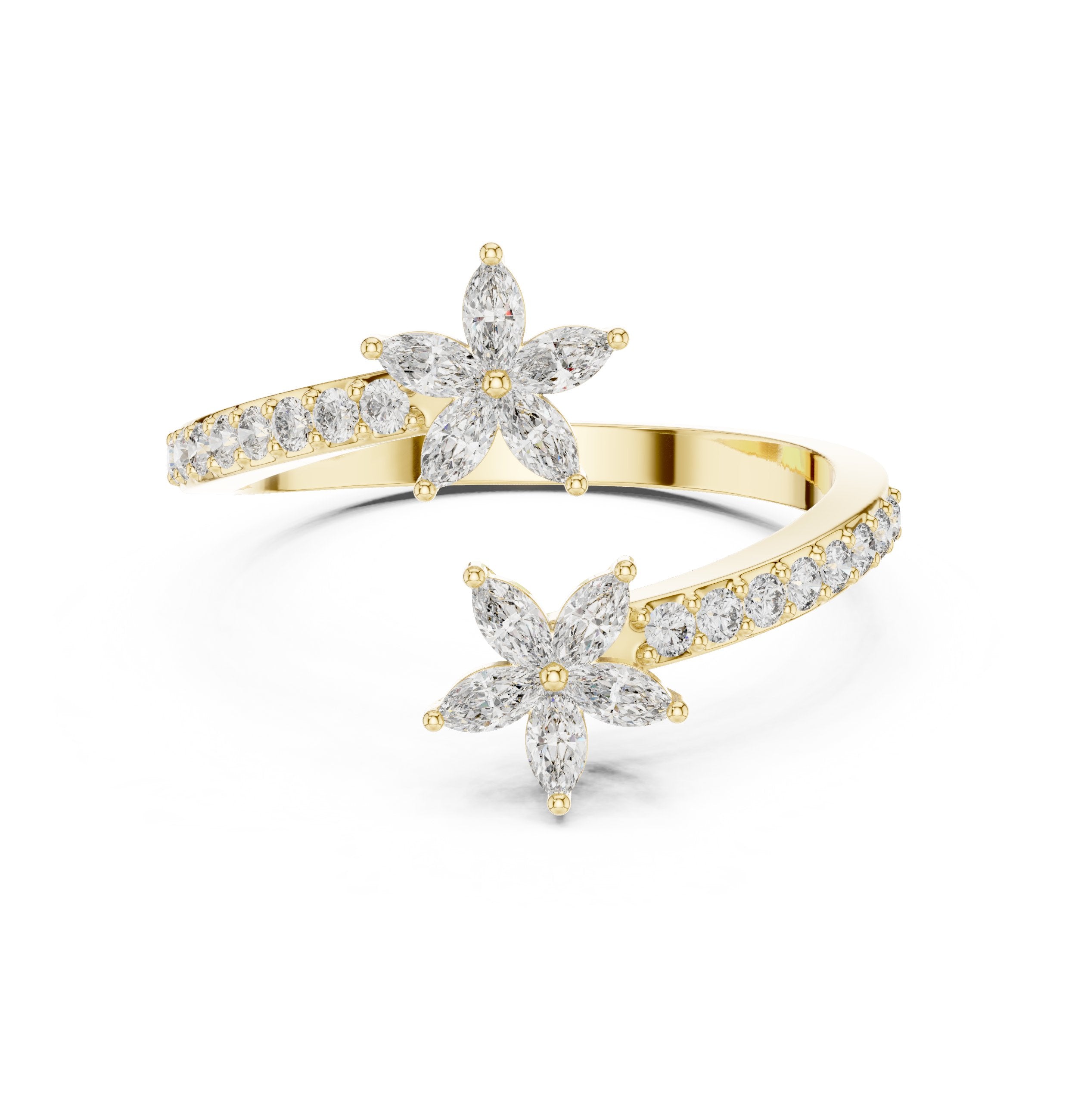Double Flower Bypass Diamond Ring in Yellow Gold - VYKA Diamonds