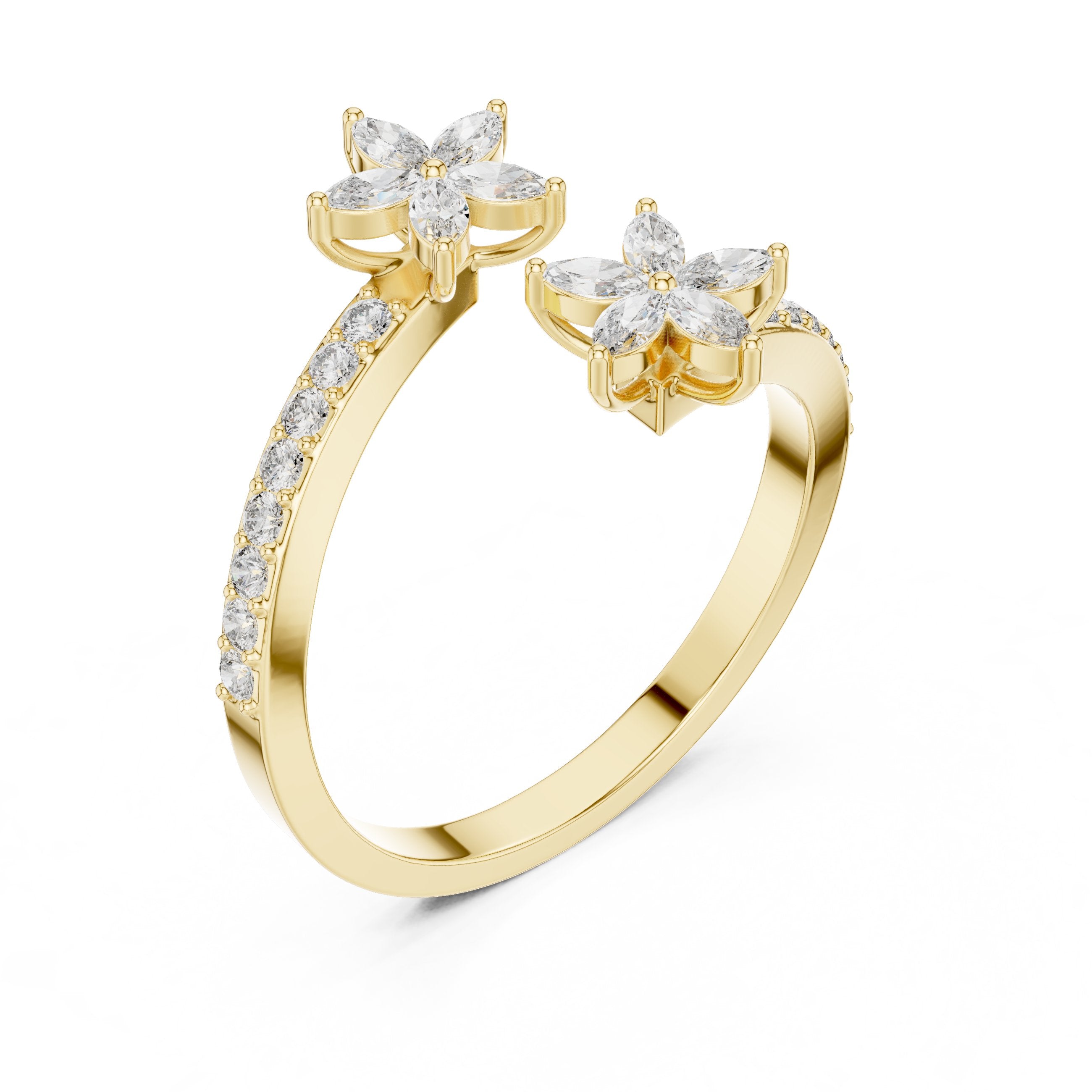 Double Flower Bypass Diamond Ring in Yellow Gold - VYKA Diamonds