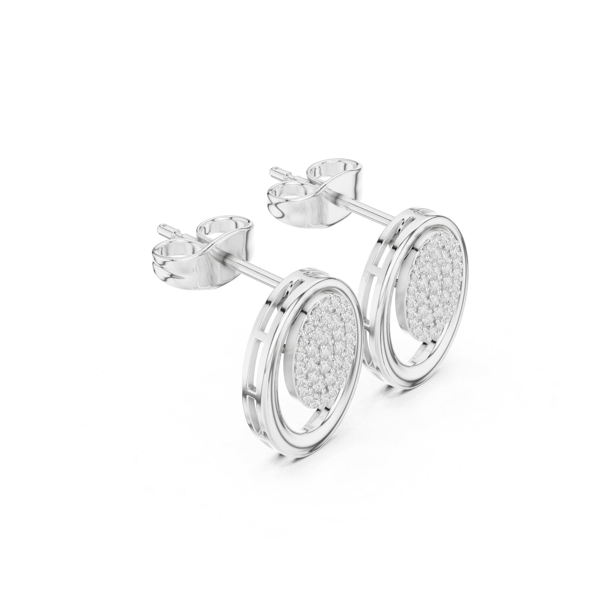 Oval Pave Disc Frame Diamond Stud Earrings in White Gold - VYKA Diamonds