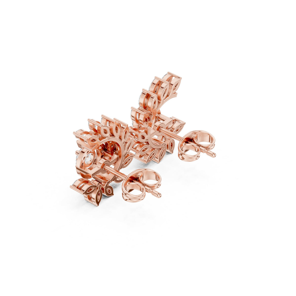 Round Halo Marquise Spray Diamond Stud Earrings in Rose Gold - VYKA Diamonds