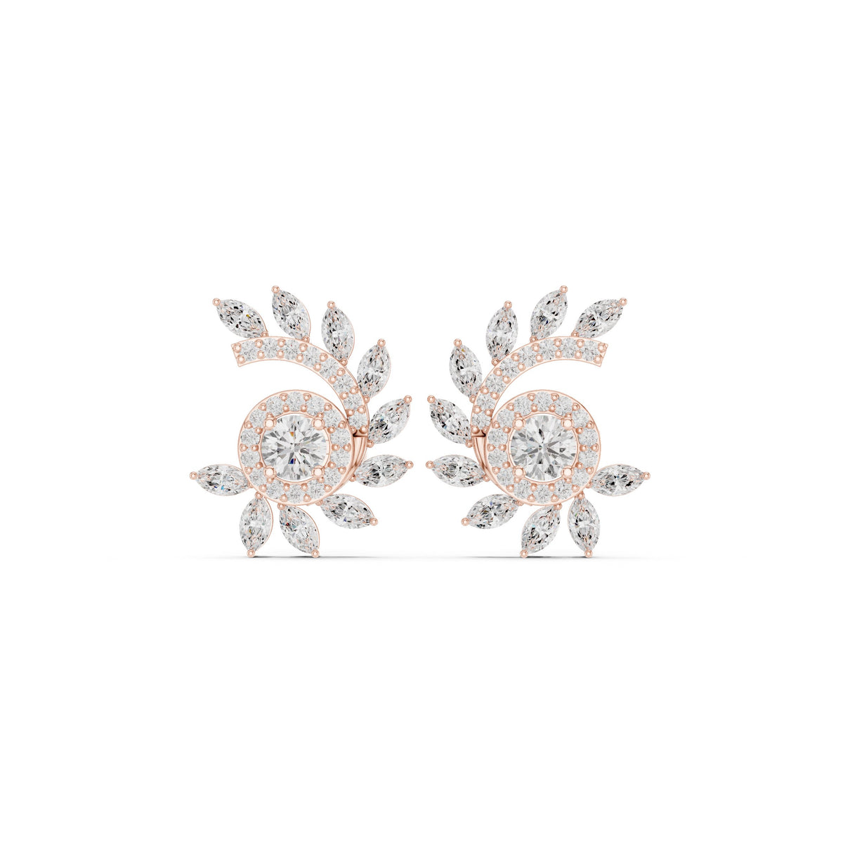 Round Halo Marquise Spray Diamond Stud Earrings
