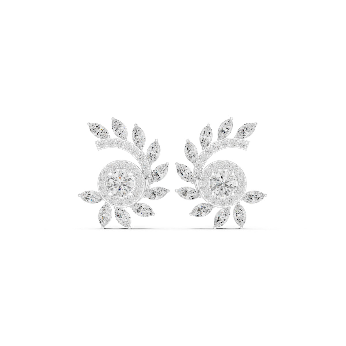 Round Halo Marquise Spray Diamond Stud Earrings in White Gold - VYKA Diamonds