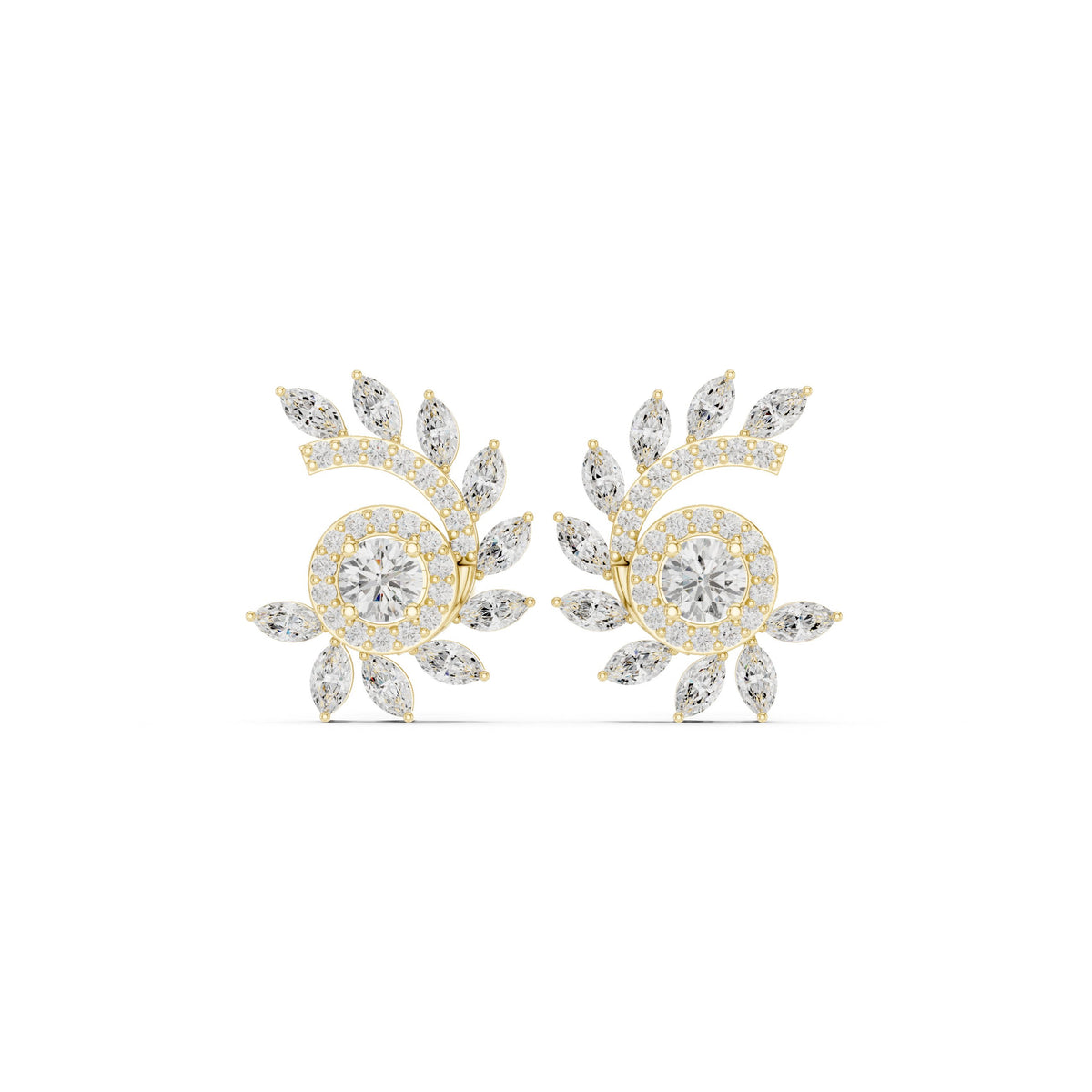 Round Halo Marquise Spray Diamond Stud Earrings