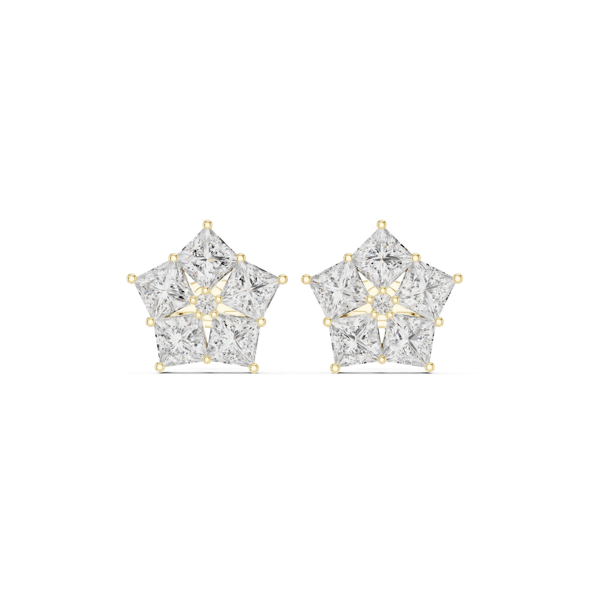 Princess Star Cluster Diamond Stud Earrings in Yellow Gold - VYKA Diamonds