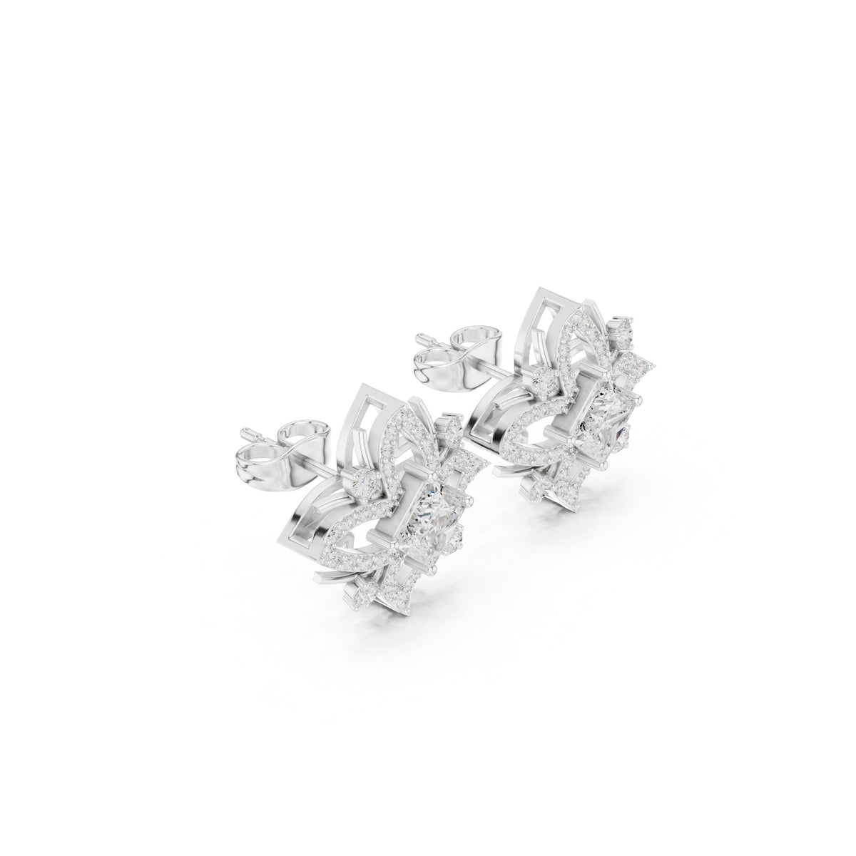 Princess Compass Star Diamond Stud Earrings in White Gold - VYKA Diamonds