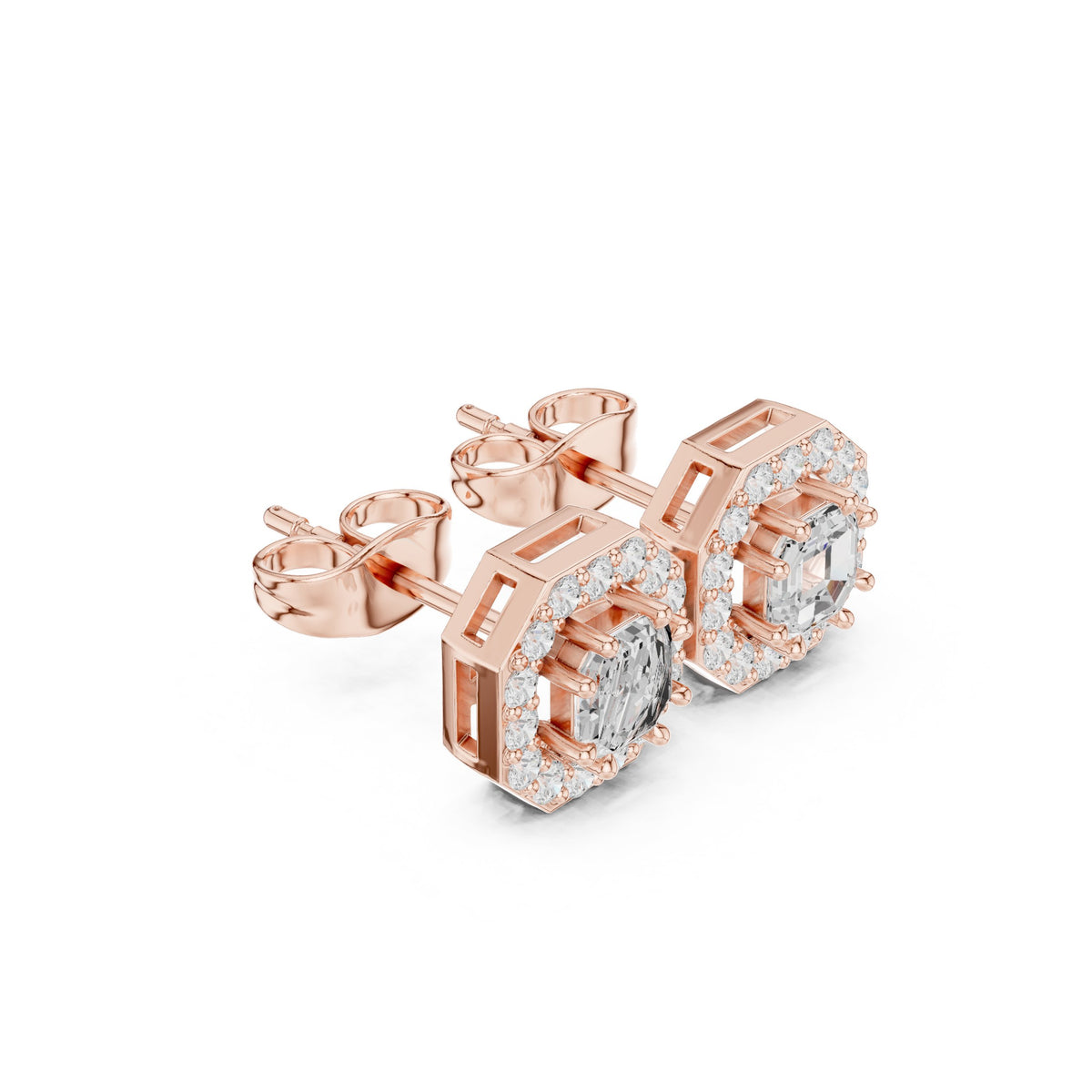 Asscher Octagon Halo Diamond Stud Earrings in Rose Gold - VYKA Diamonds