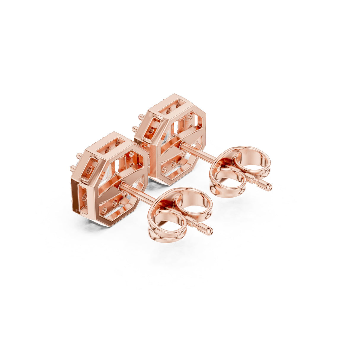 Asscher Octagon Halo Diamond Stud Earrings in Rose Gold - VYKA Diamonds