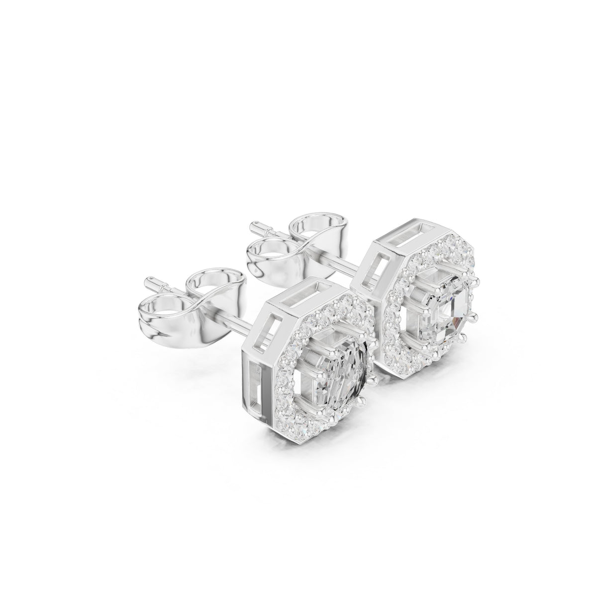 Asscher Octagon Halo Diamond Stud Earrings