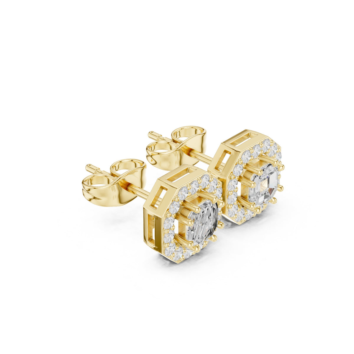 Asscher Octagon Halo Diamond Stud Earrings