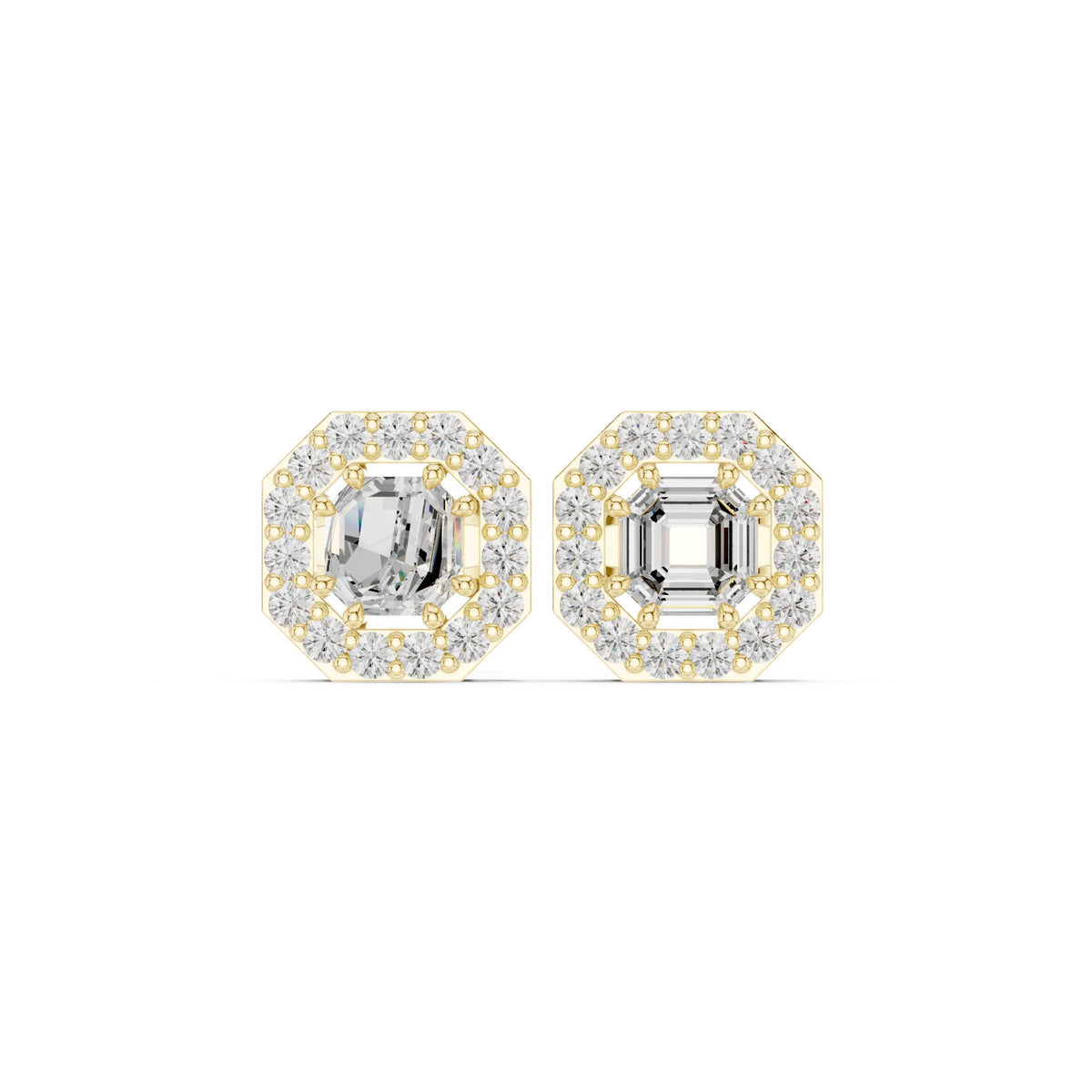 Asscher Octagon Halo Diamond Stud Earrings in Yellow Gold - VYKA Diamonds