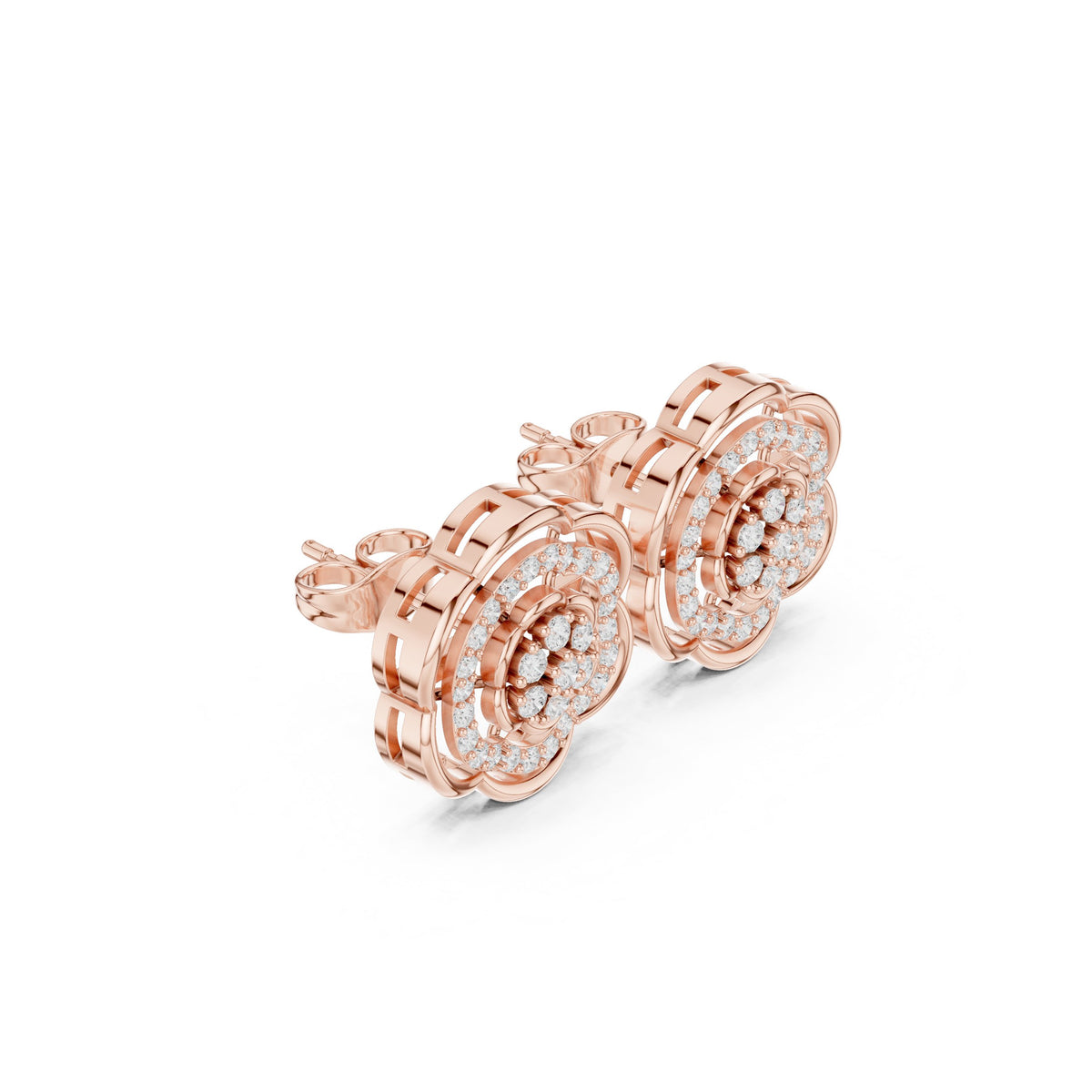 Camellia Pave Diamond Stud Earrings in Rose Gold - VYKA Diamonds