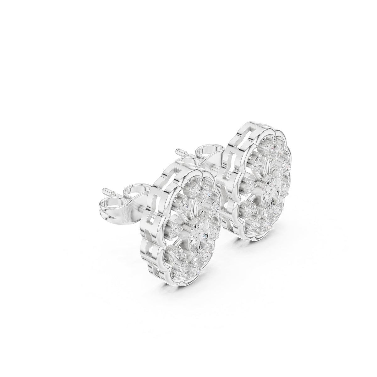 Oval Openwork Spoke Diamond Stud Earrings in White Gold - VYKA Diamonds