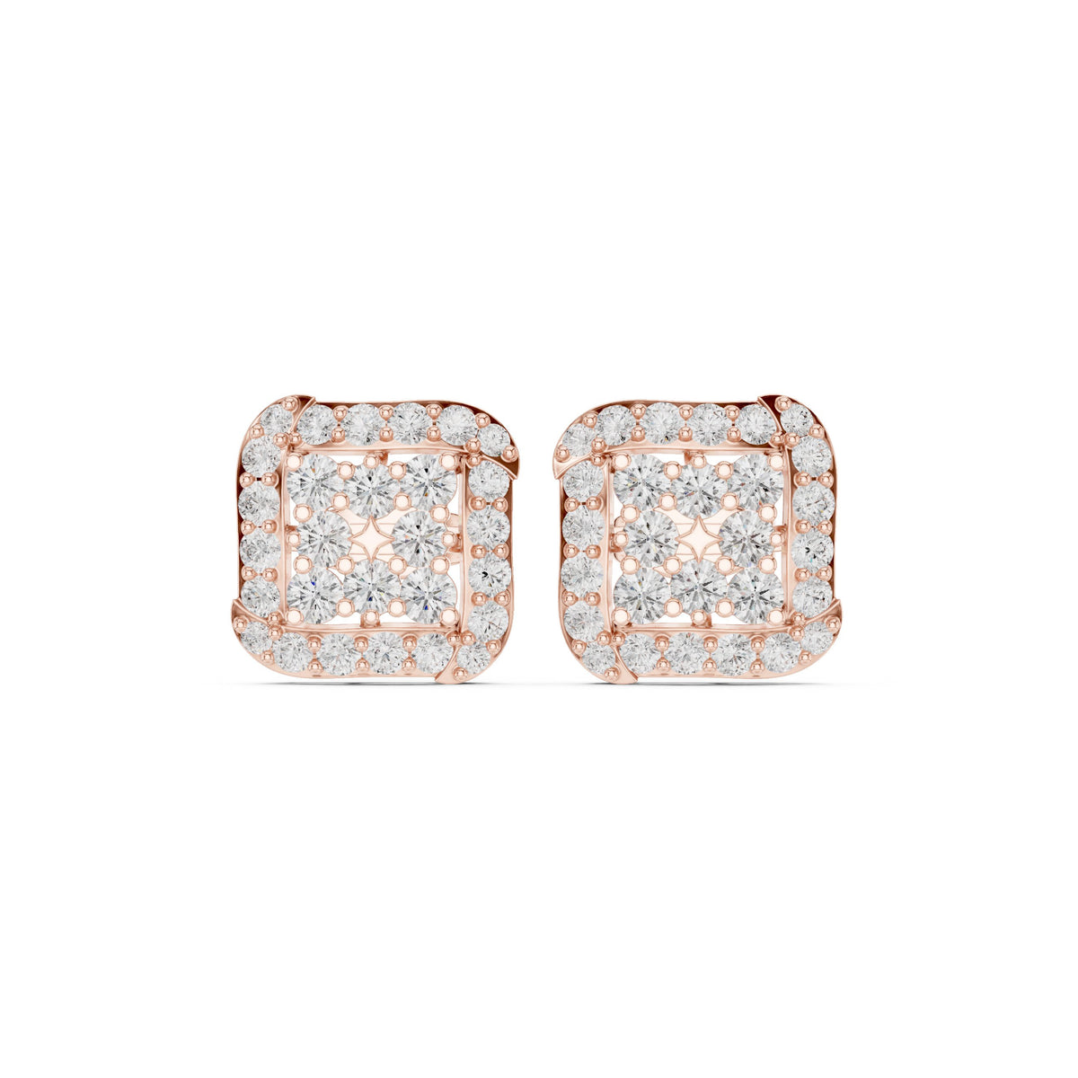 Cushion Square Pave Halo Diamond Stud Earrings in Rose Gold - VYKA Diamonds