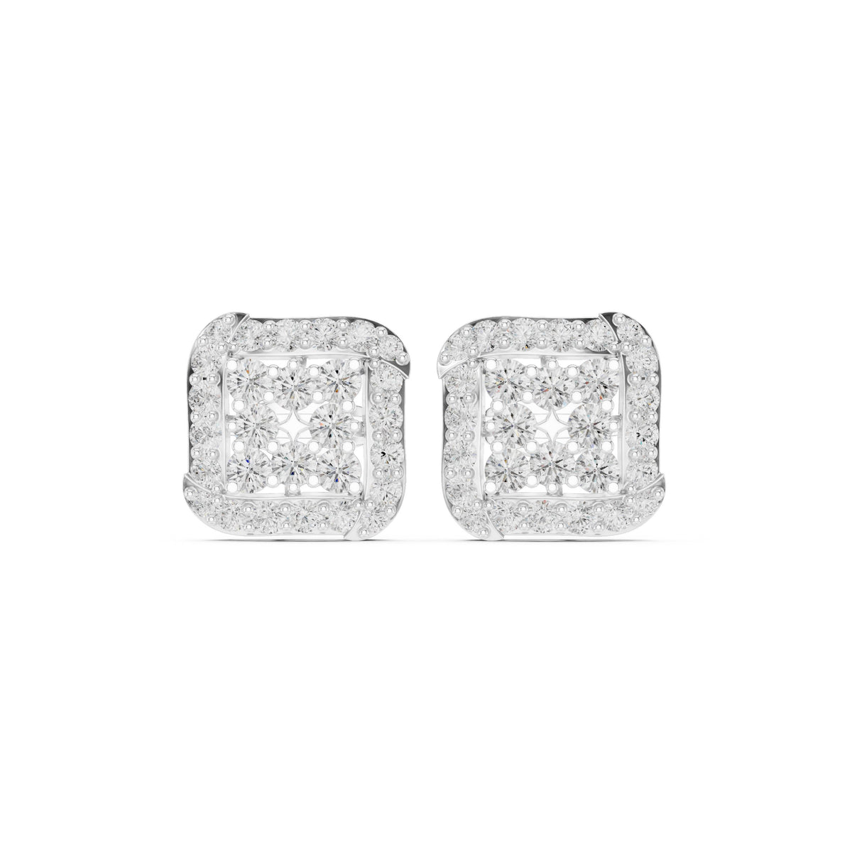 Cushion Square Pave Halo Diamond Stud Earrings in White Gold - VYKA Diamonds