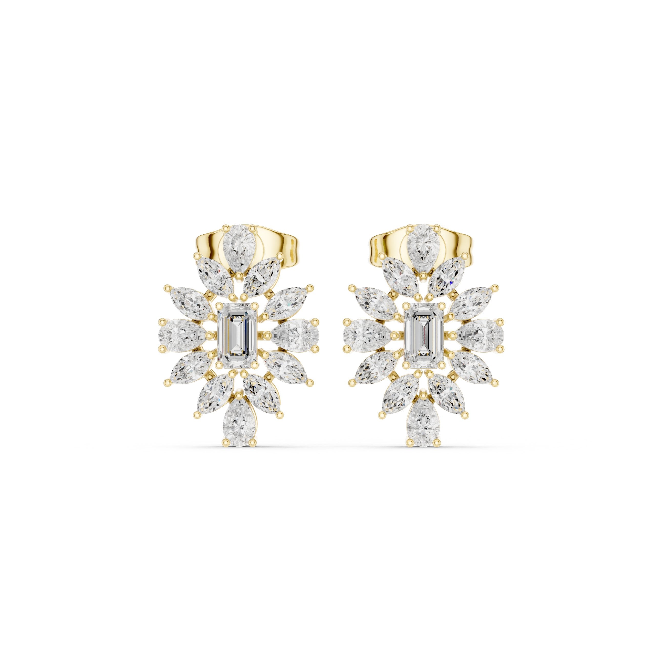 Emerald Illusion Set Diamond Stud Earrings in Yellow Gold - VYKA Diamonds