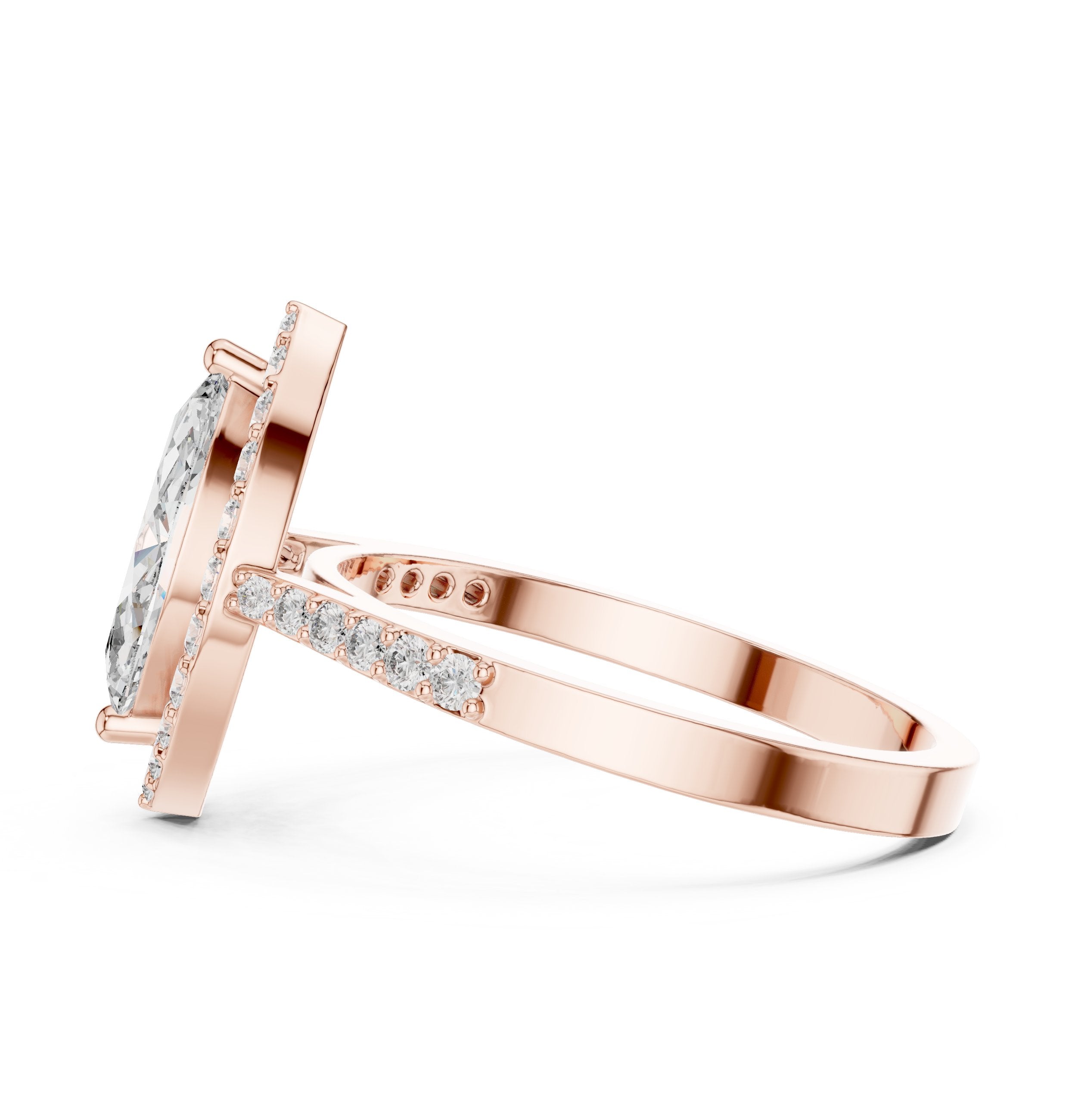 Marquise Cut Halo Engagement Ring with Pavé Band in Rose Gold - VYKA Diamonds