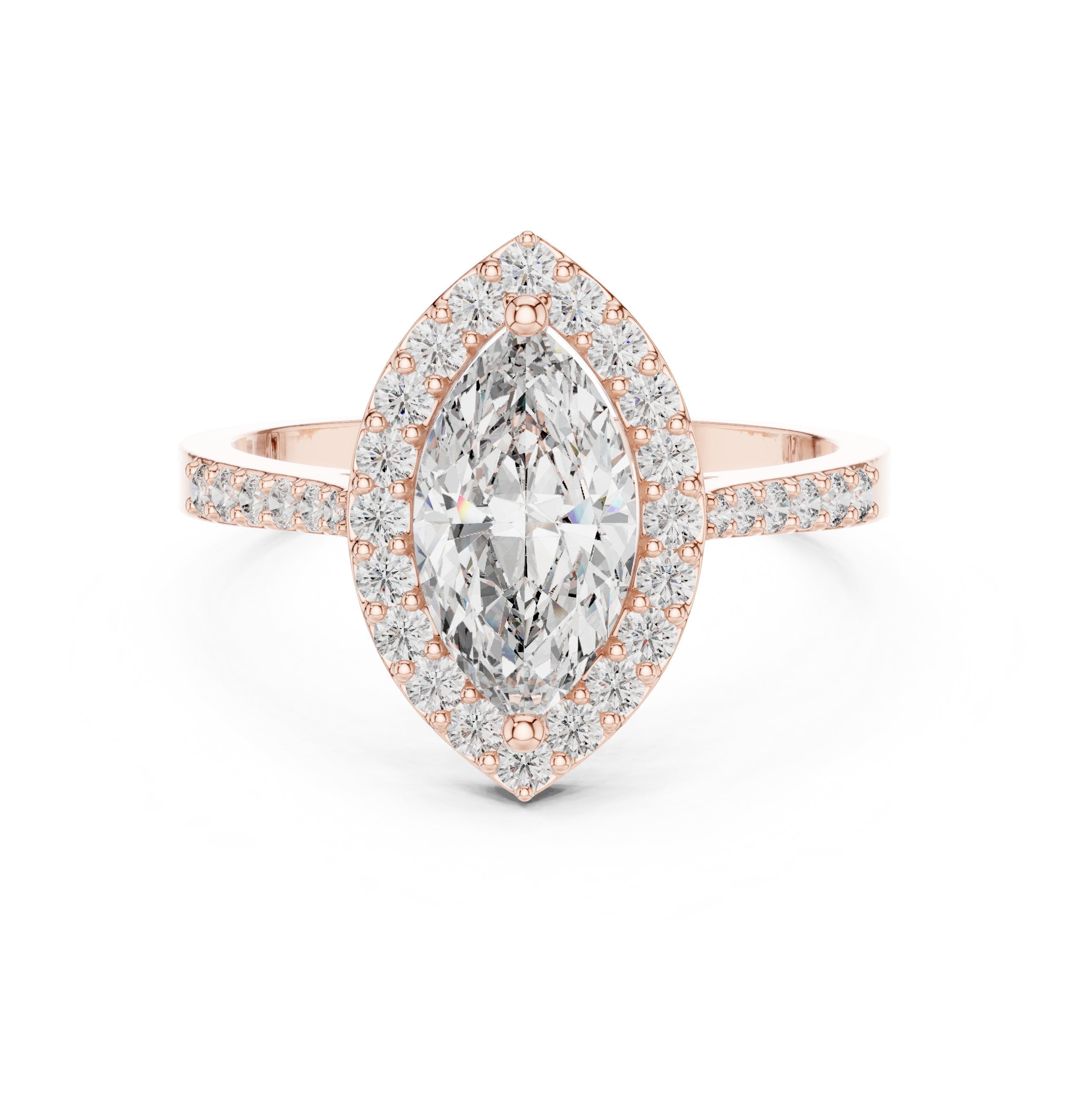 Marquise Cut Halo Engagement Ring with Pavé Band in Rose Gold - VYKA Diamonds