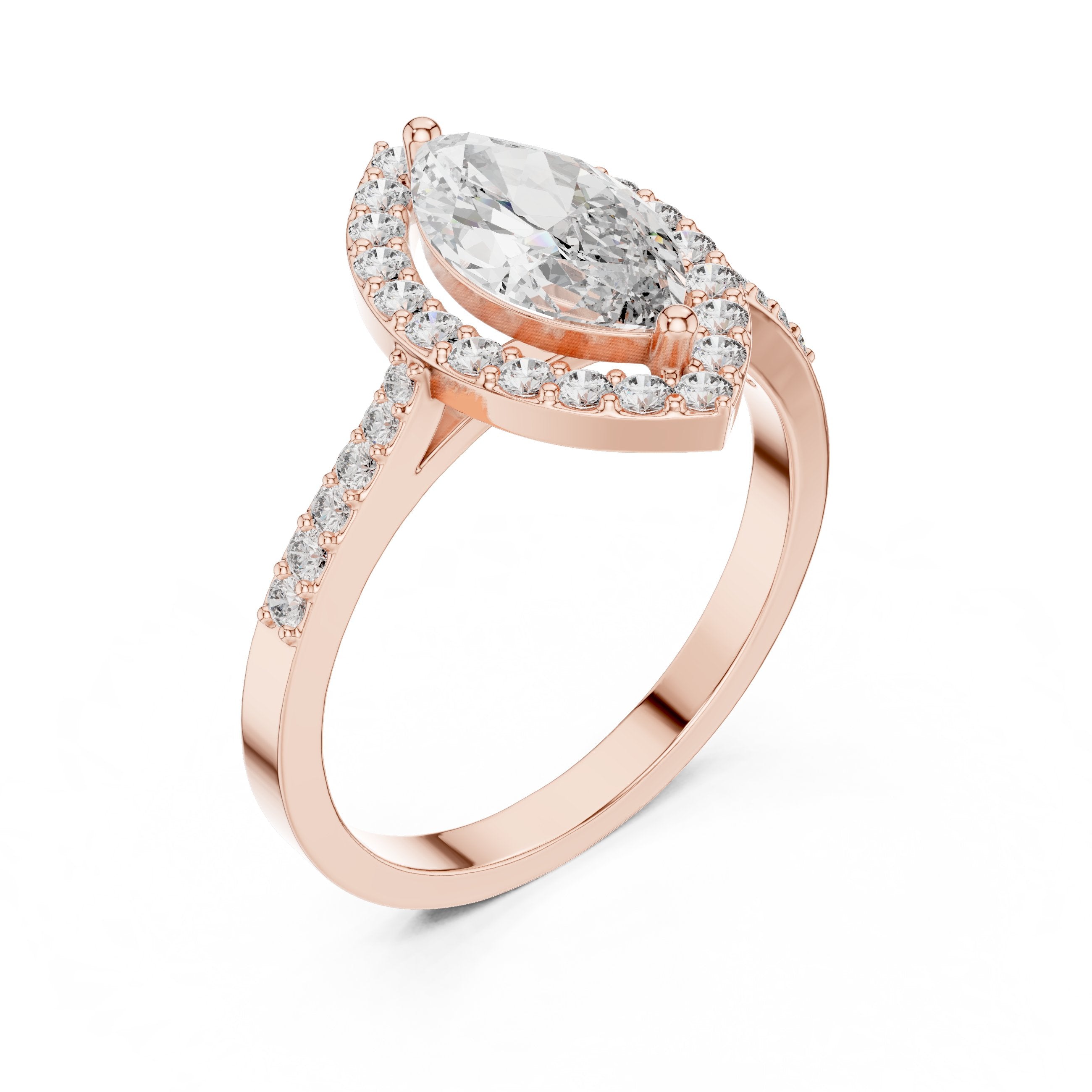Marquise Cut Halo Engagement Ring with Pavé Band in Rose Gold - VYKA Diamonds
