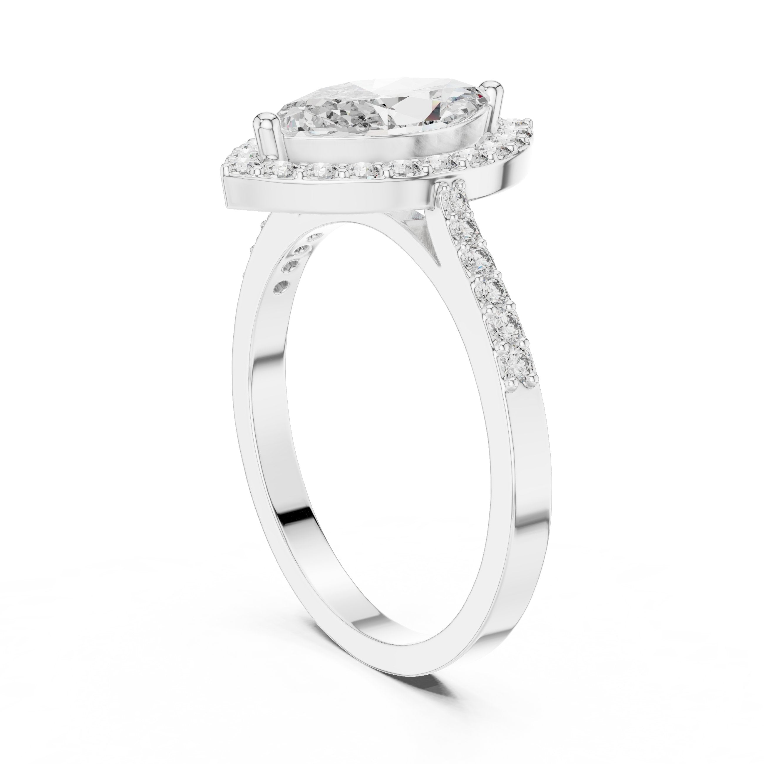 Marquise Cut Halo Engagement Ring with Pavé Band in White Gold - VYKA Diamonds