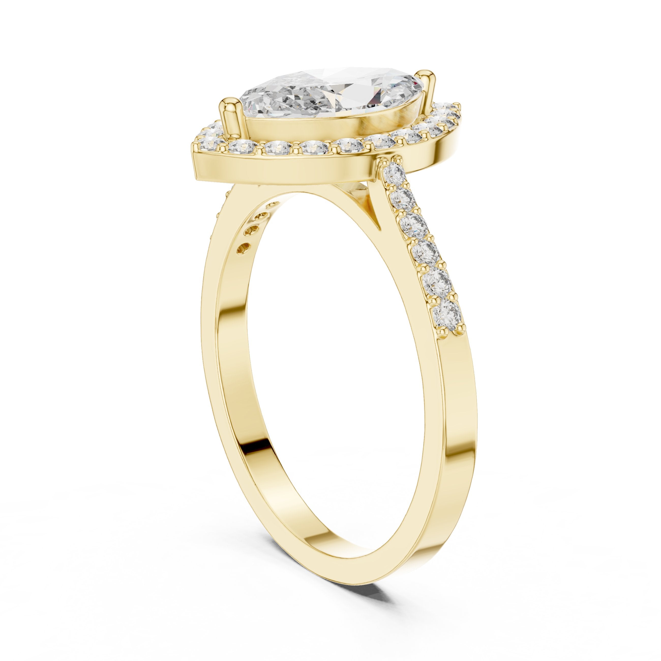 Marquise Cut Halo Engagement Ring with Pavé Band in Yellow Gold - VYKA Diamonds