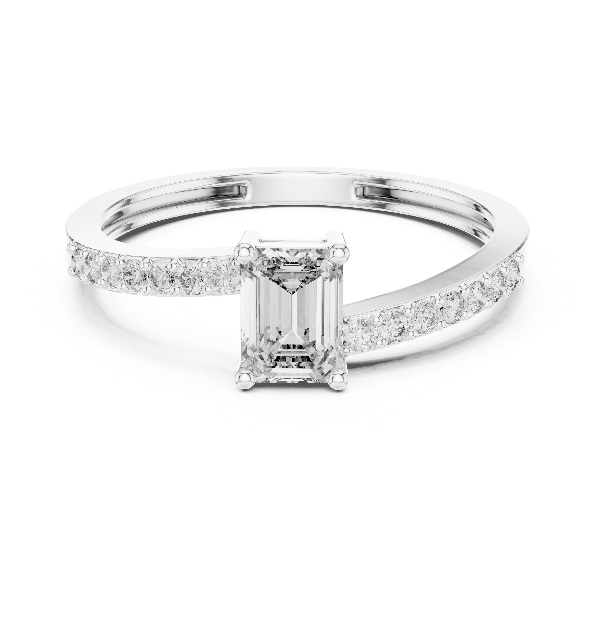 Emerald Cut Engagement Ring with Bar Set Pavé Band in White Gold - VYKA Diamonds