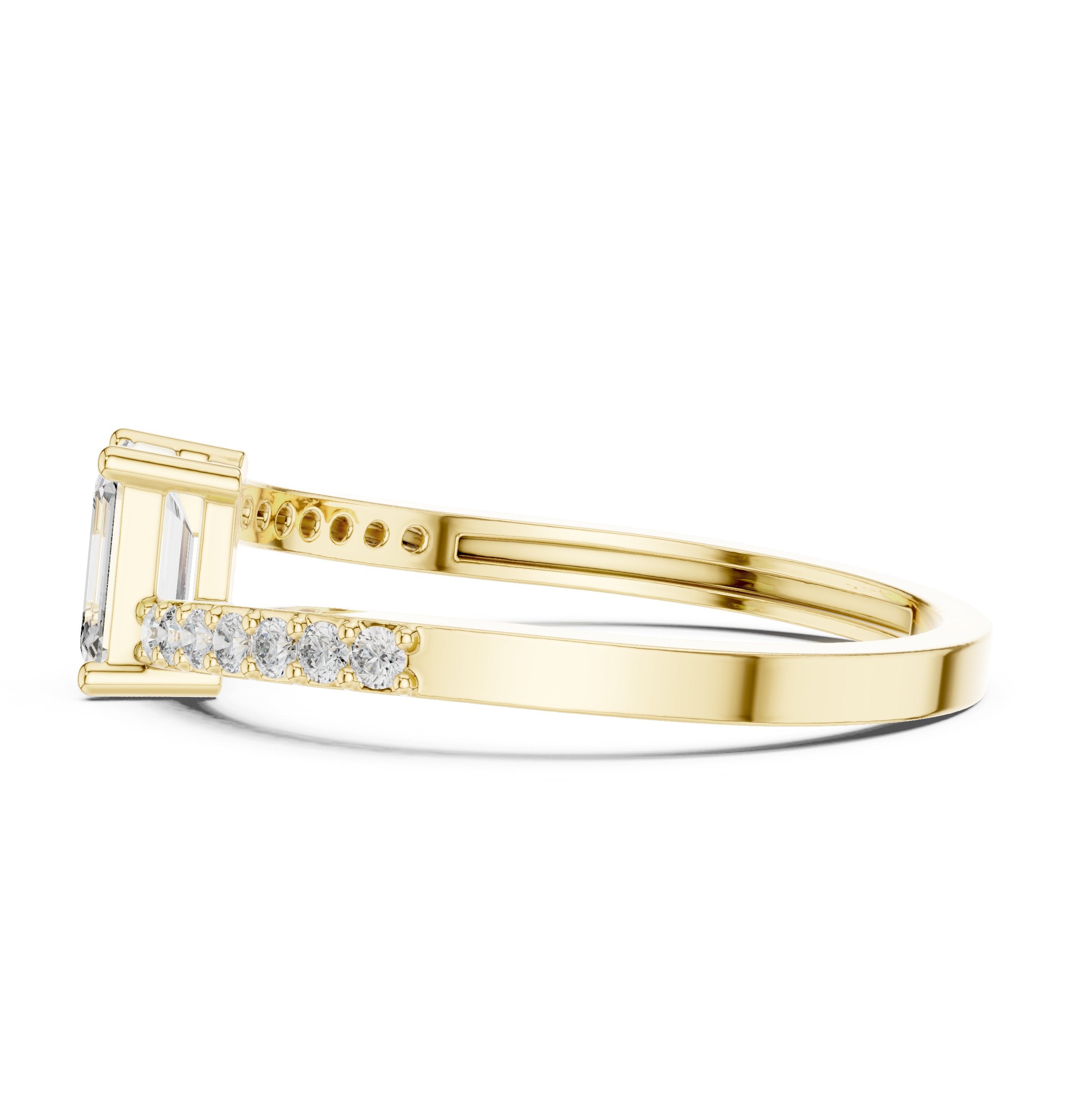 Emerald Cut Engagement Ring with Bar Set Pavé Band in Yellow Gold - VYKA Diamonds