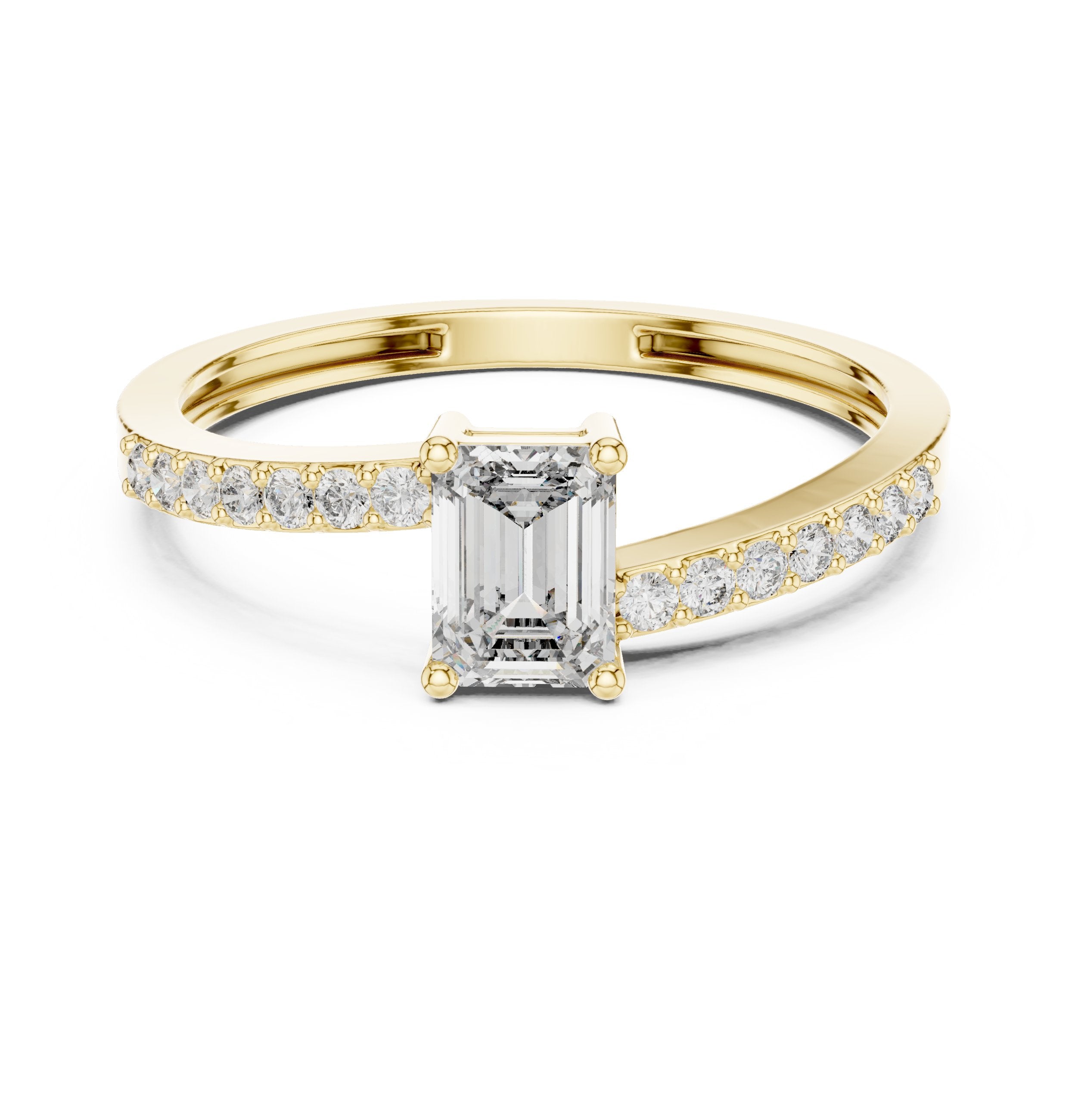 Emerald Cut Engagement Ring with Bar Set Pavé Band in Yellow Gold - VYKA Diamonds