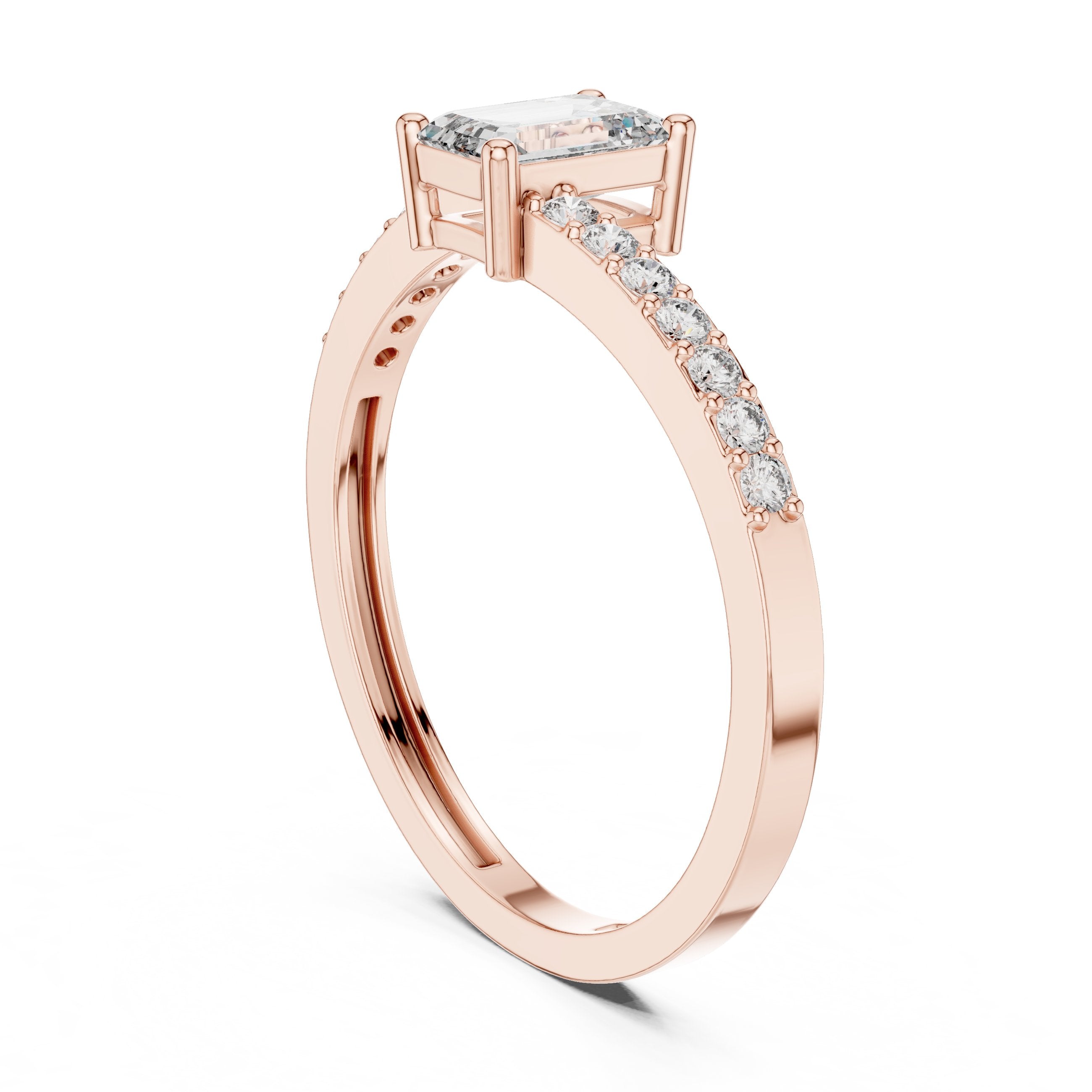 Emerald Cut Engagement Ring with Bar Set Pavé Band in Rose Gold - VYKA Diamonds