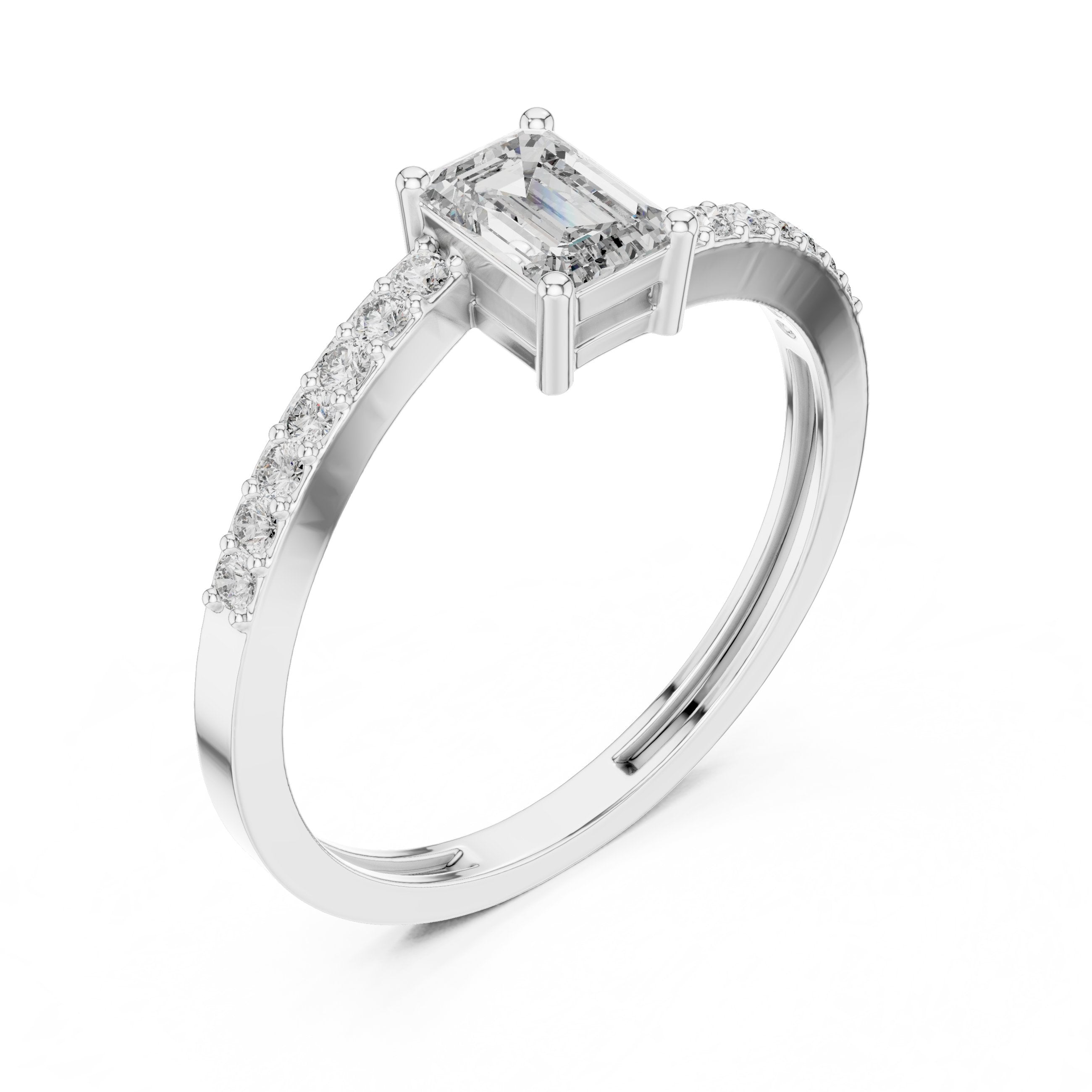 Emerald Cut Engagement Ring with Bar Set Pavé Band in White Gold - VYKA Diamonds
