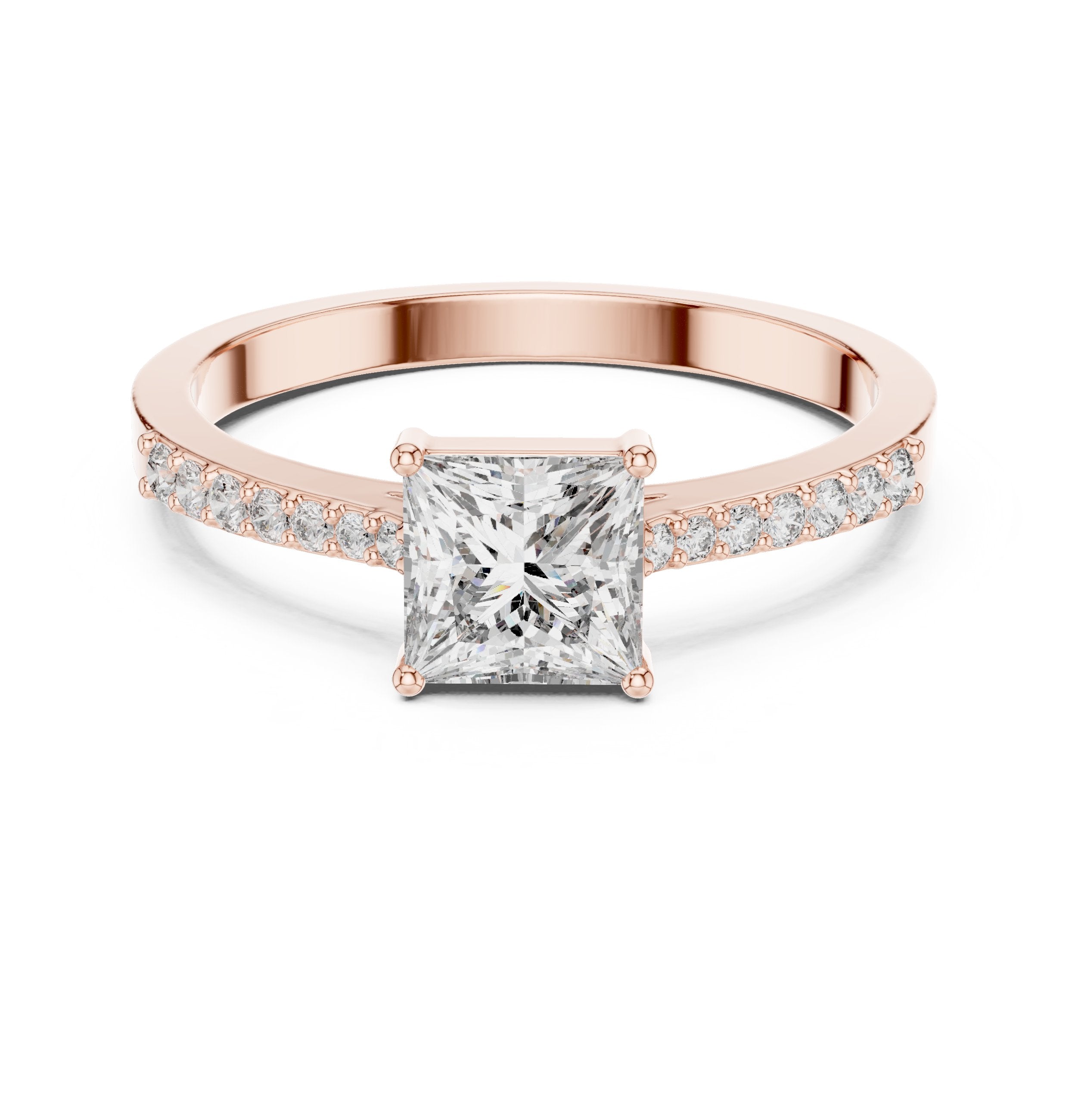 Princess Cut Kite Engagement Ring with Pavé Band in Rose Gold - VYKA Diamonds