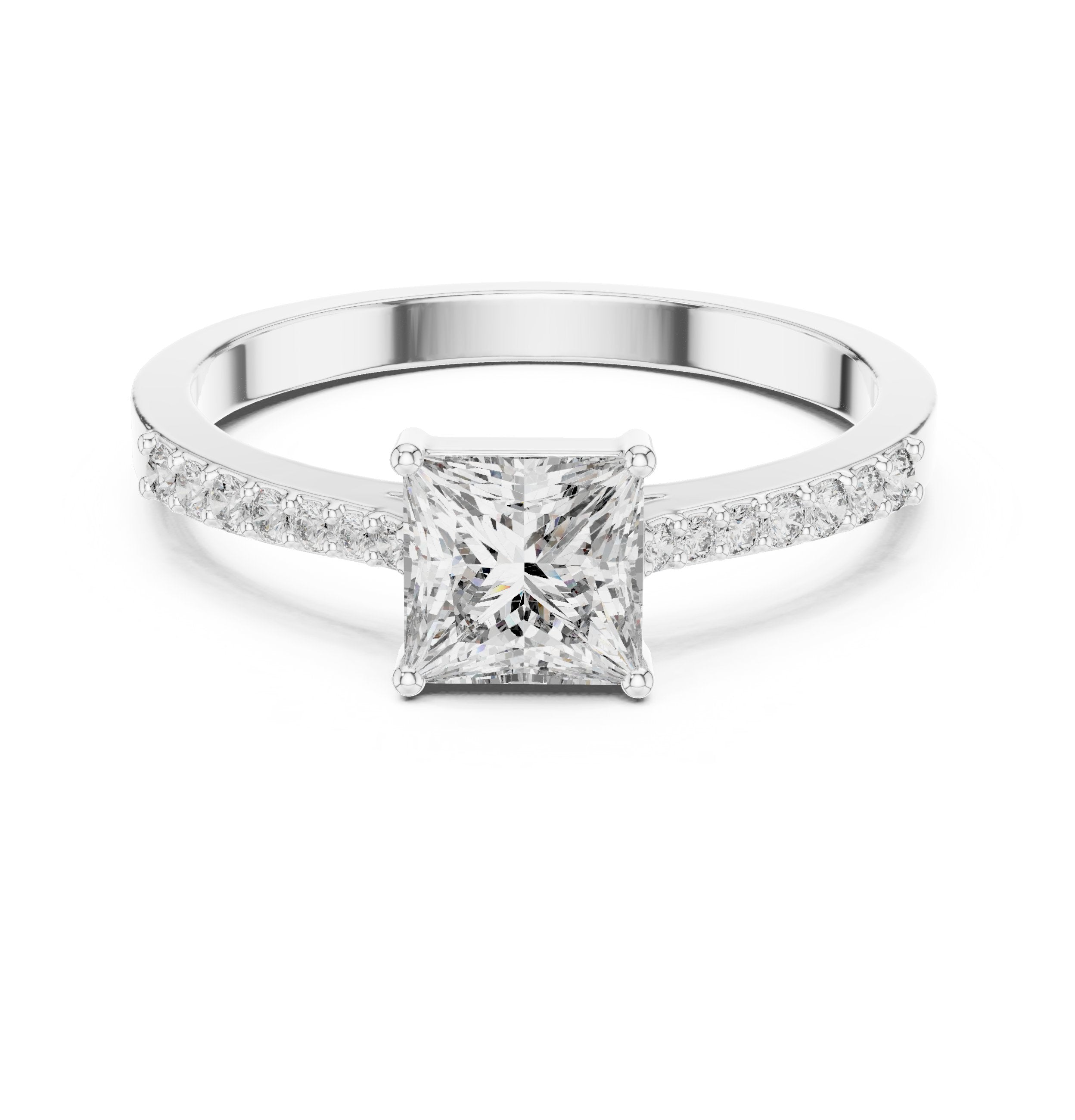 Princess Cut Kite Engagement Ring with Pavé Band in White Gold - VYKA Diamonds