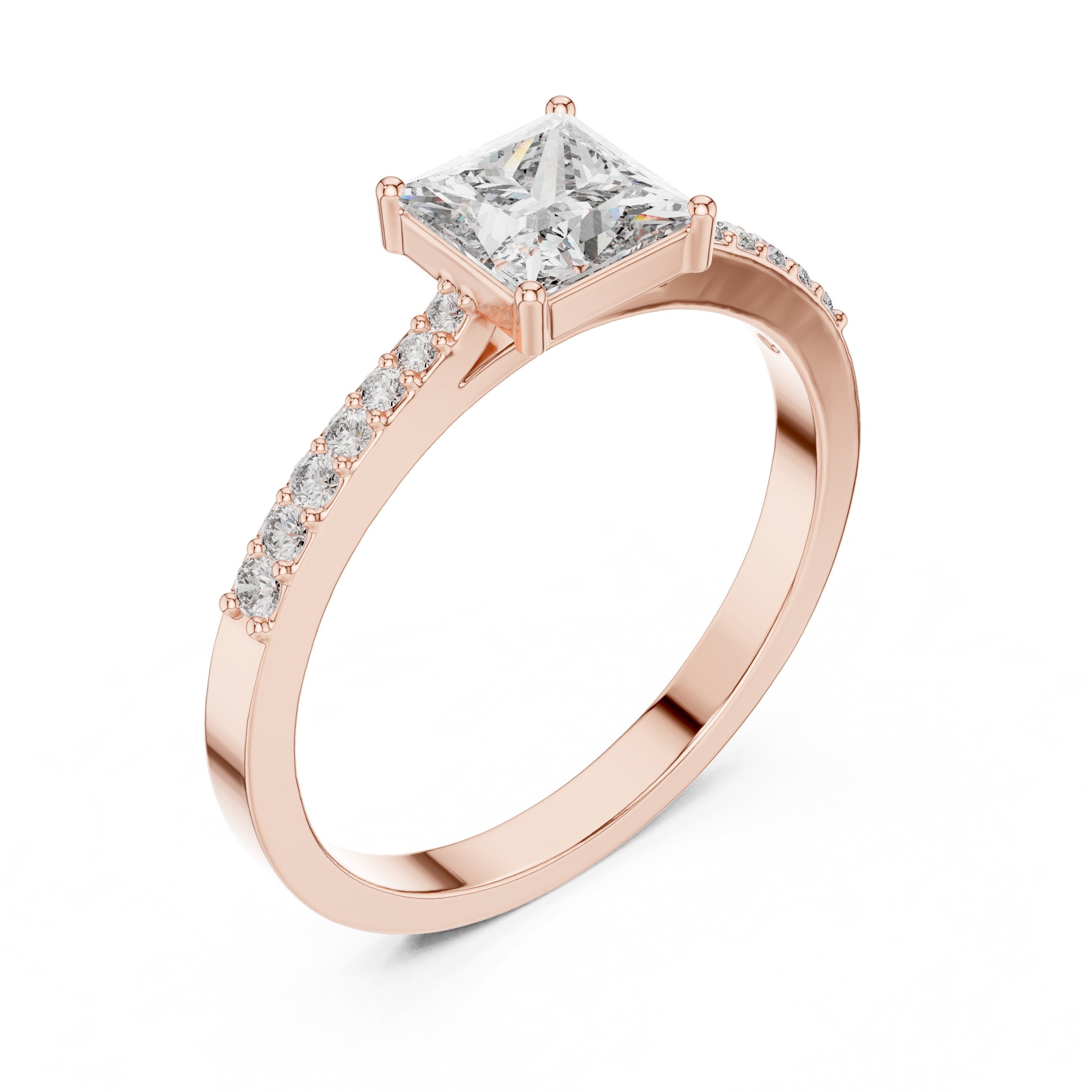 Princess Cut Kite Engagement Ring with Pavé Band in Rose Gold - VYKA Diamonds