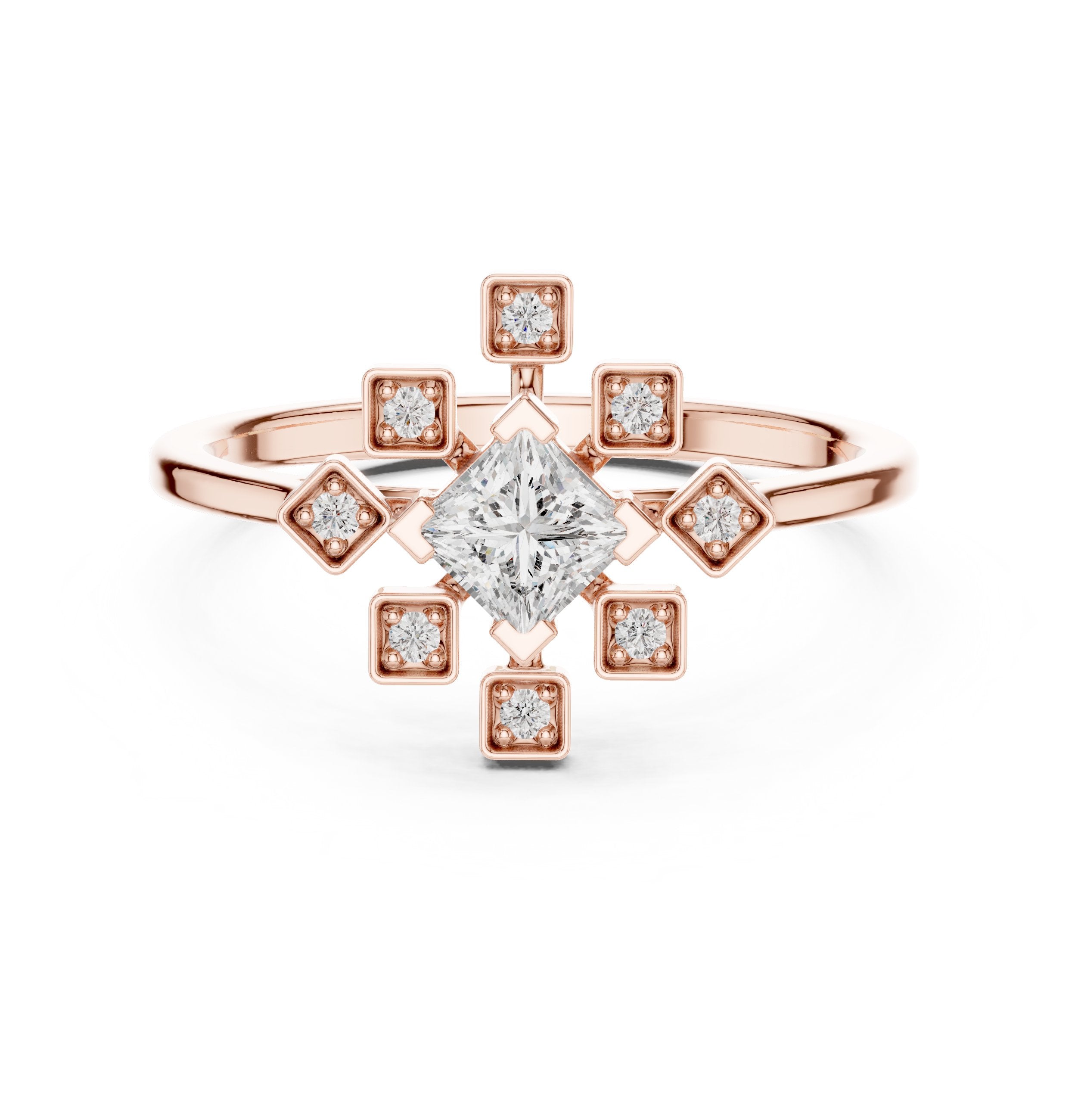 Princess Cut Diamond Snowflake Cluster Engagement Ring in Rose Gold - VYKA Diamonds
