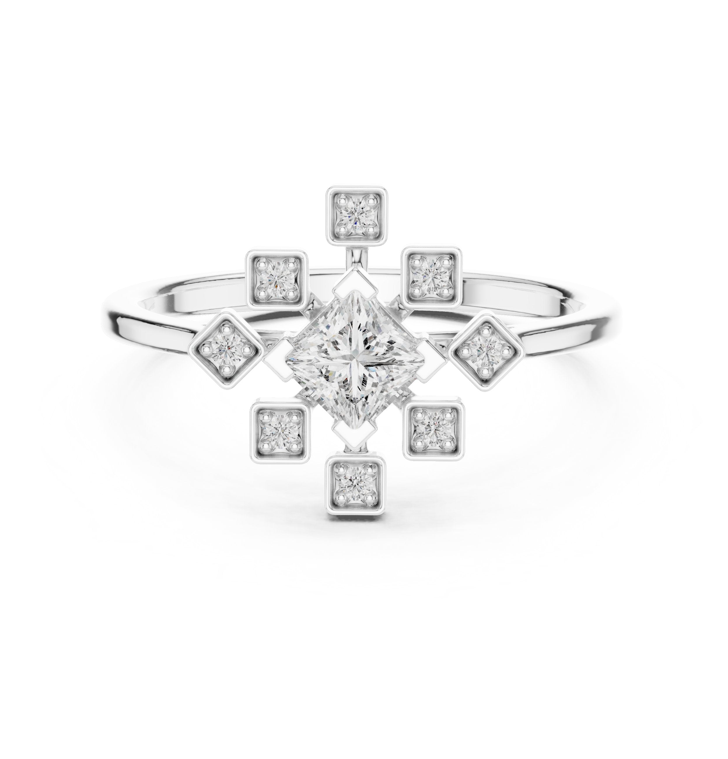 Princess Cut Diamond Snowflake Cluster Engagement Ring in White Gold - VYKA Diamonds