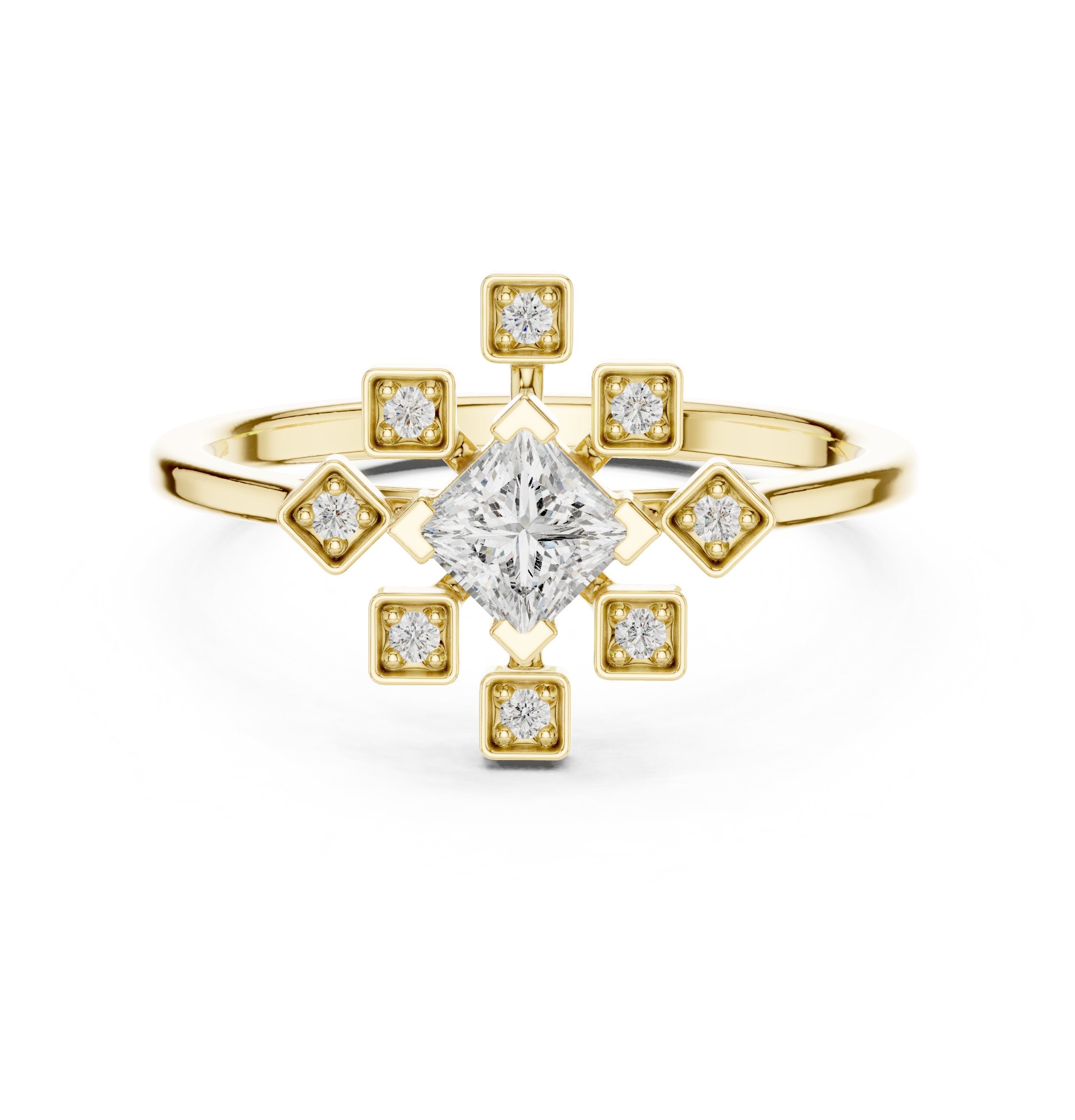 Princess Cut Diamond Snowflake Cluster Engagement Ring in Yellow Gold - VYKA Diamonds