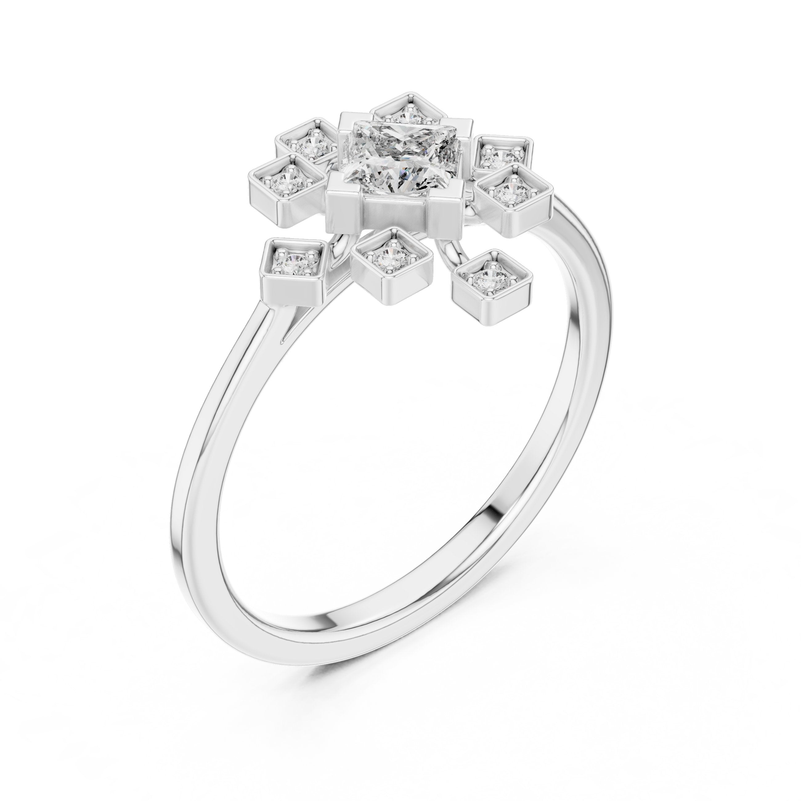 Princess Cut Diamond Snowflake Cluster Engagement Ring in White Gold - VYKA Diamonds