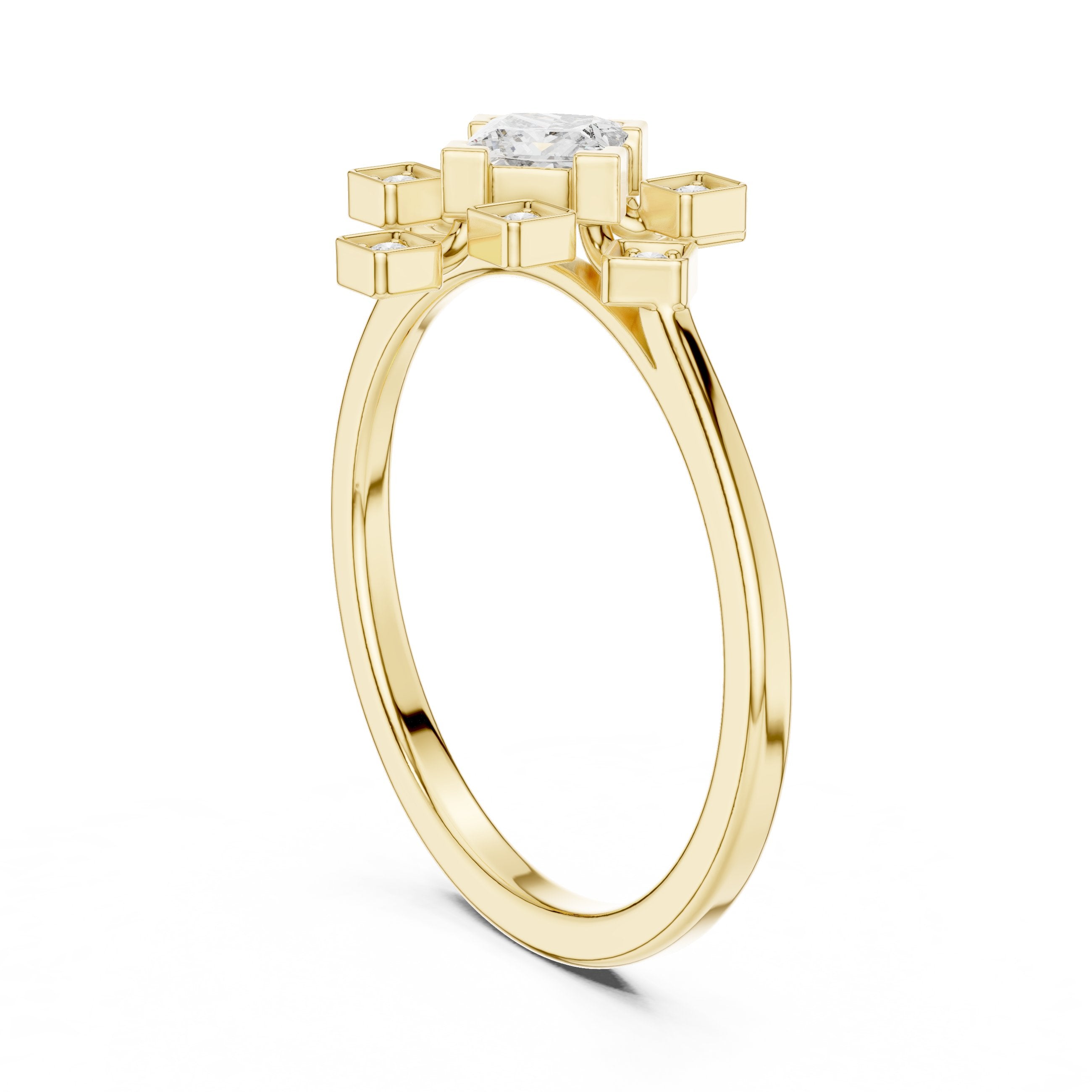 Princess Cut Diamond Snowflake Cluster Engagement Ring in Yellow Gold - VYKA Diamonds