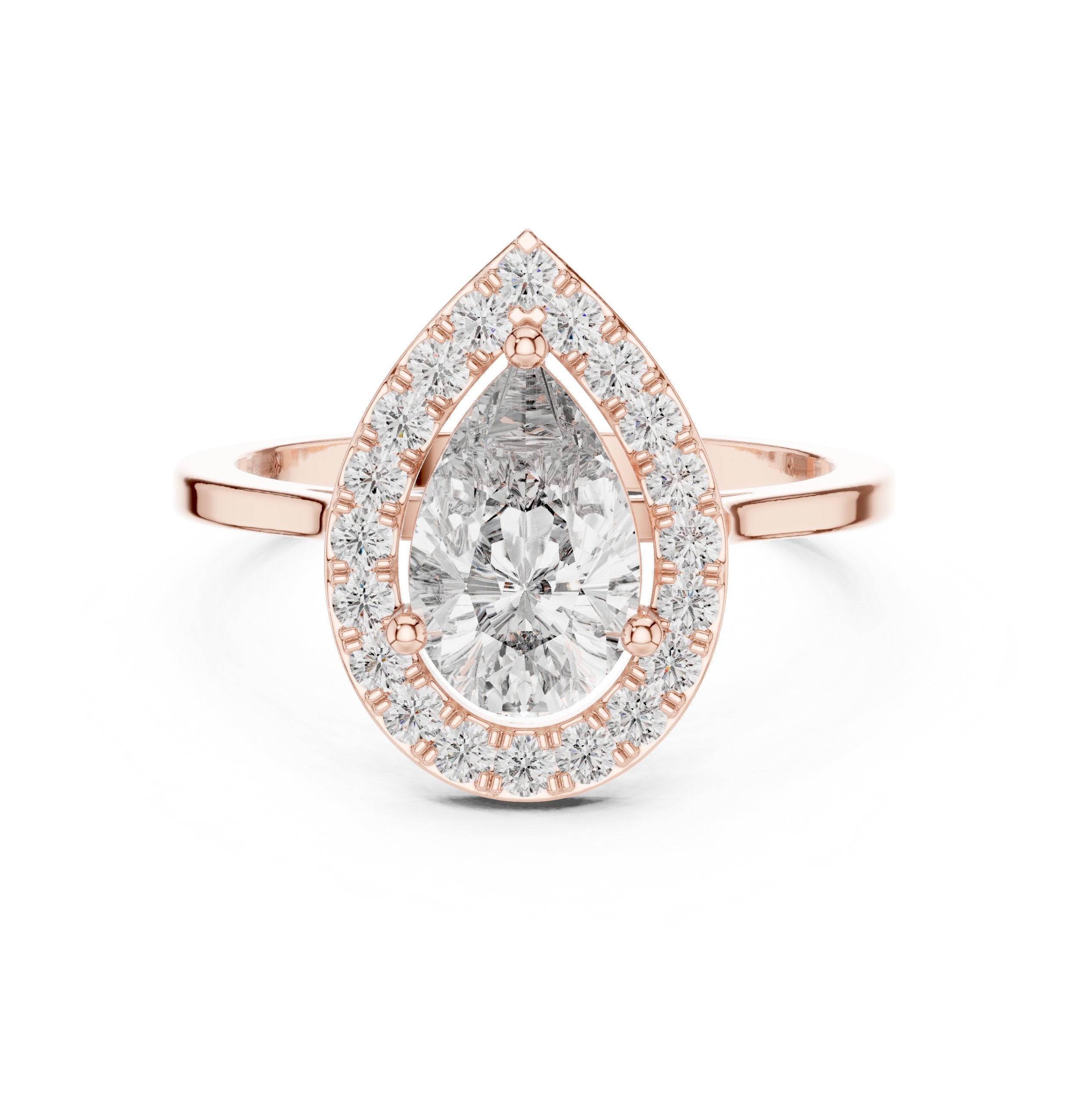 Pear Diamond Halo Engagement Ring with Plain Band in Rose Gold - VYKA Diamonds