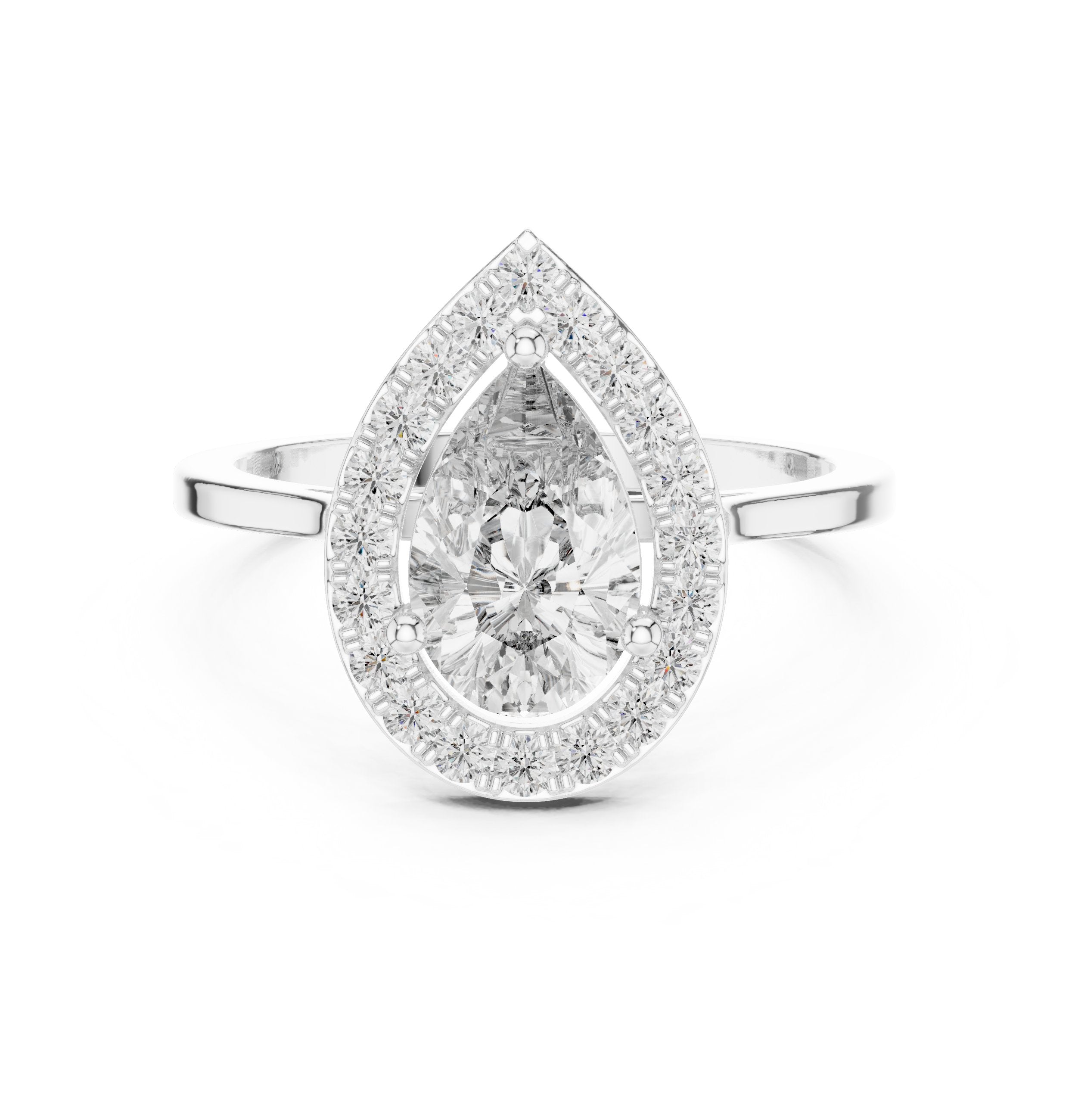 Pear Diamond Halo Engagement Ring with Plain Band in White Gold - VYKA Diamonds