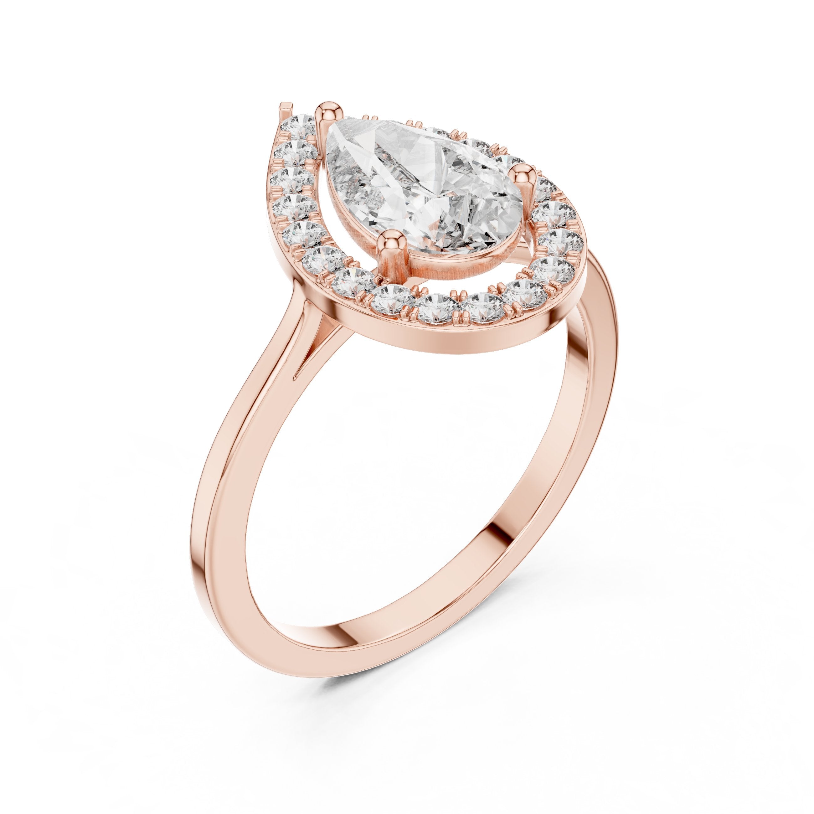 Pear Diamond Halo Engagement Ring with Plain Band in Rose Gold - VYKA Diamonds