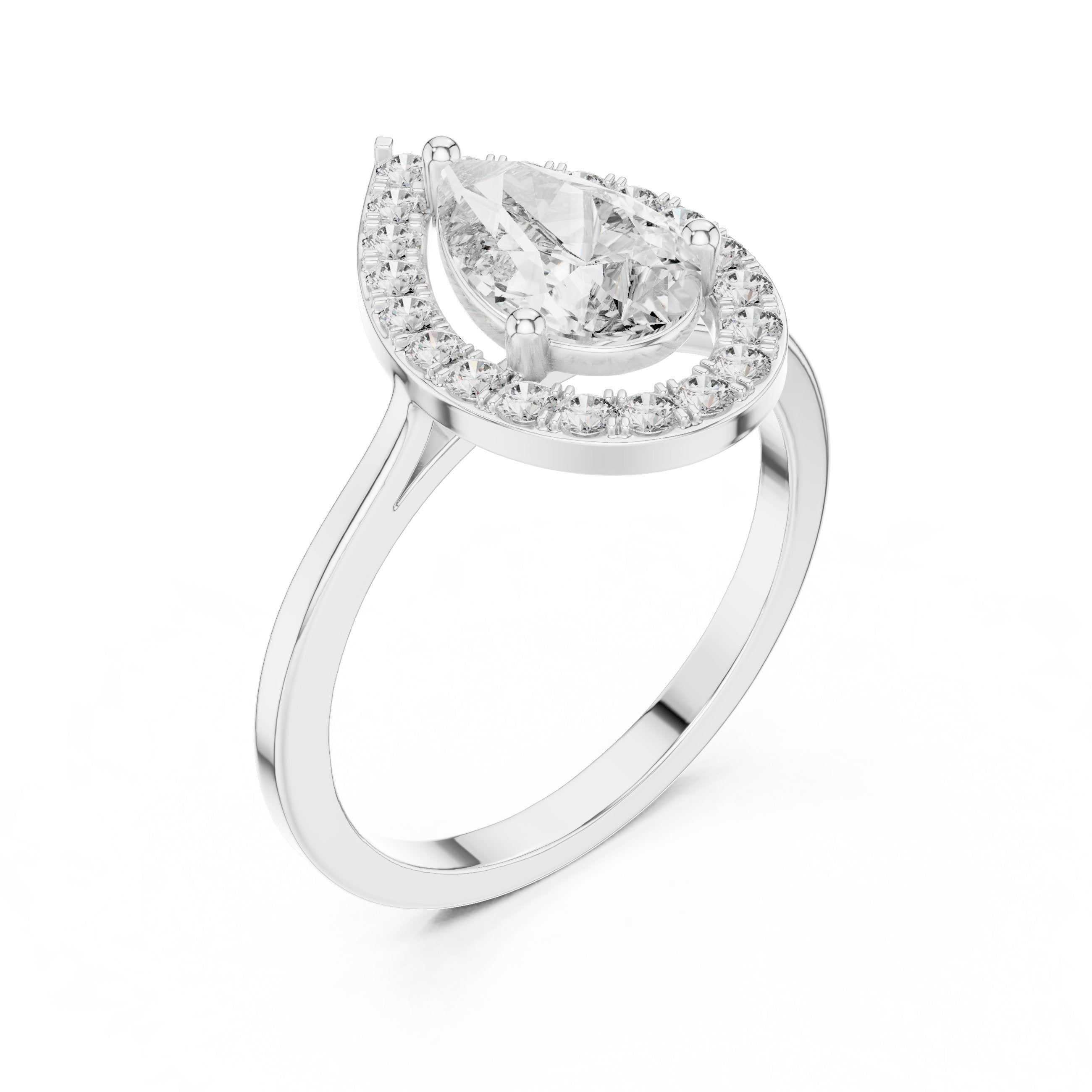 Pear Diamond Halo Engagement Ring with Plain Band in White Gold - VYKA Diamonds