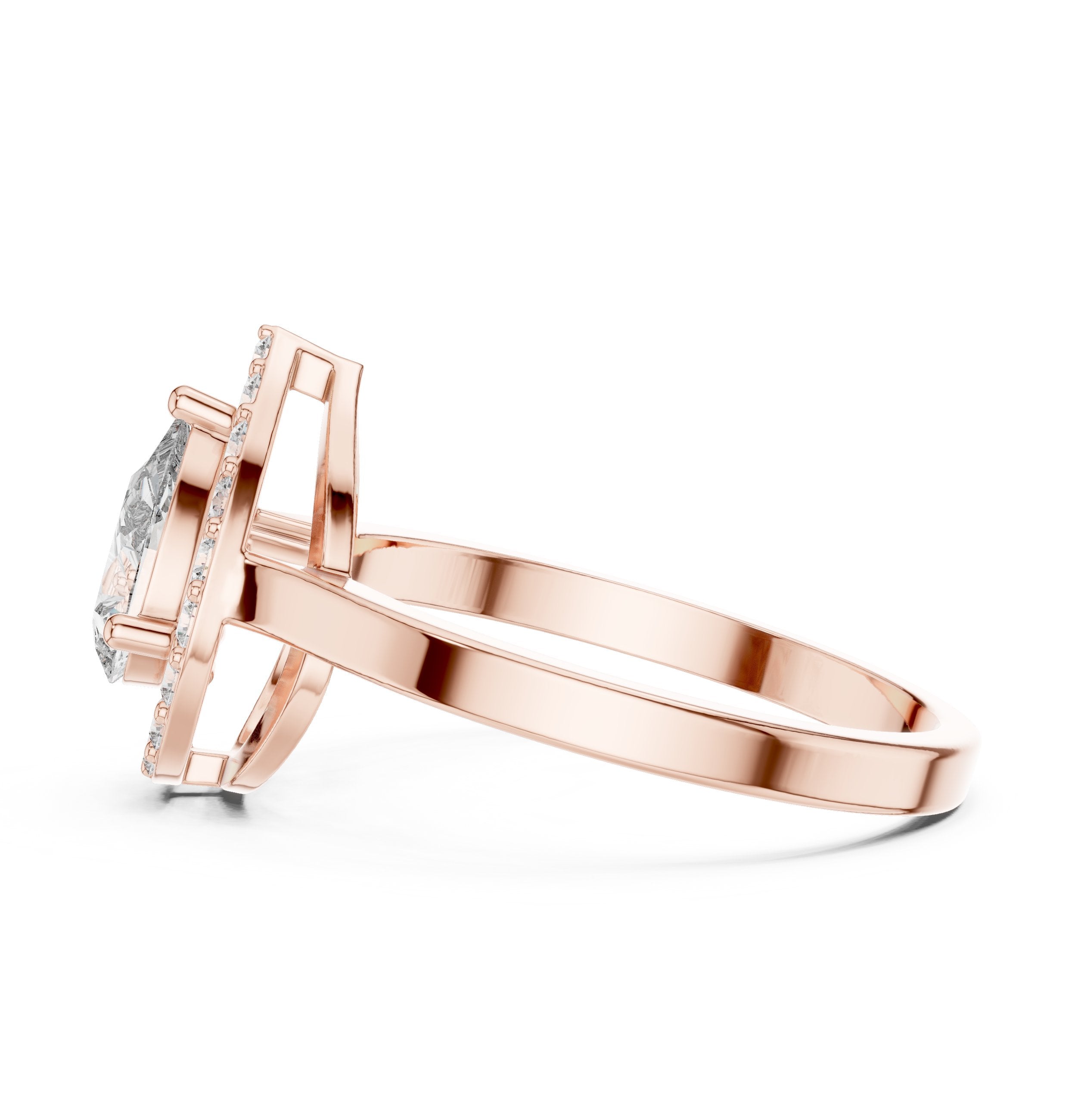 Pear Diamond Halo Engagement Ring with Plain Band in Rose Gold - VYKA Diamonds