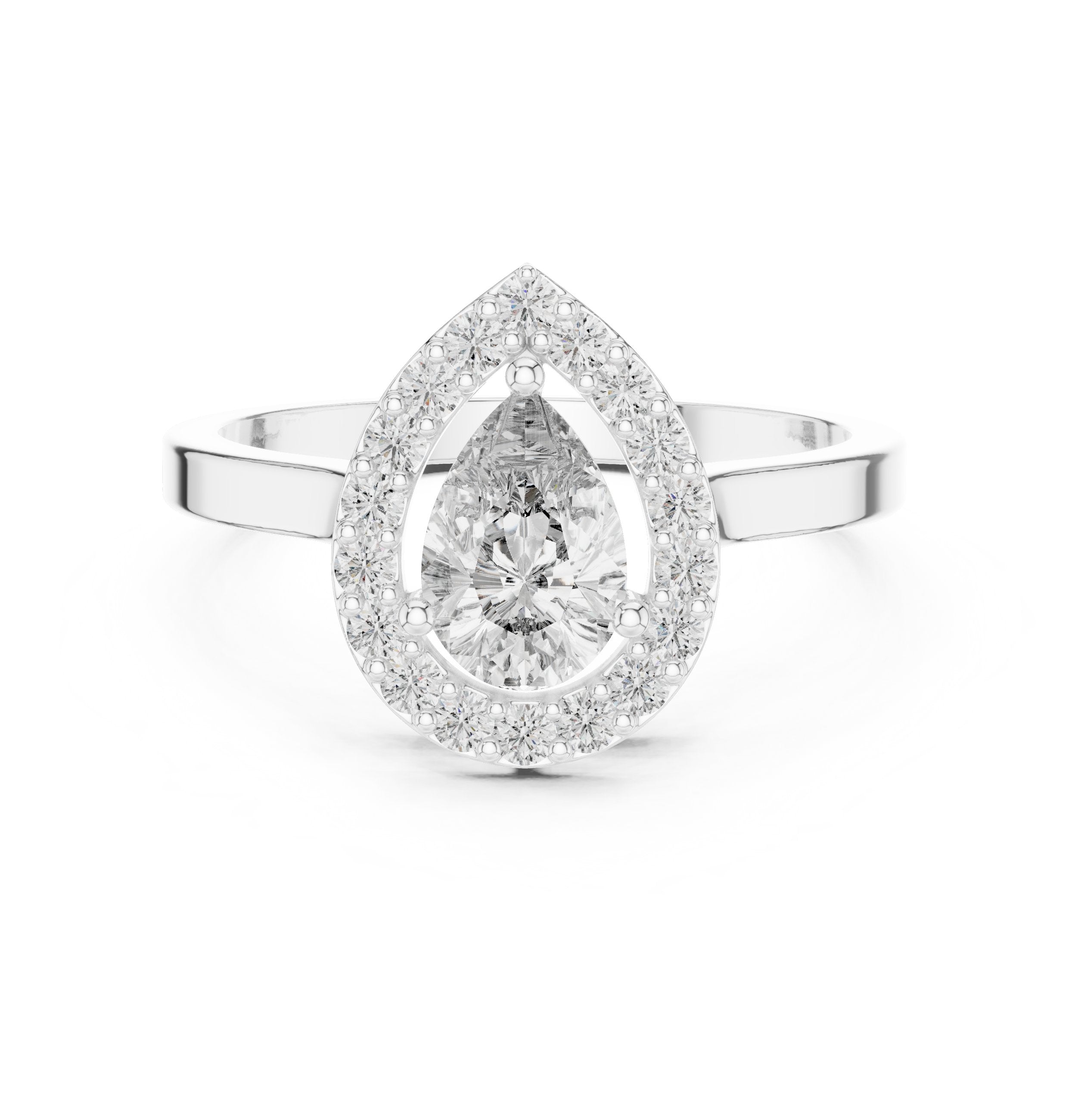 Pear Diamond Halo Engagement Ring with Plain Band in White Gold - VYKA Diamonds