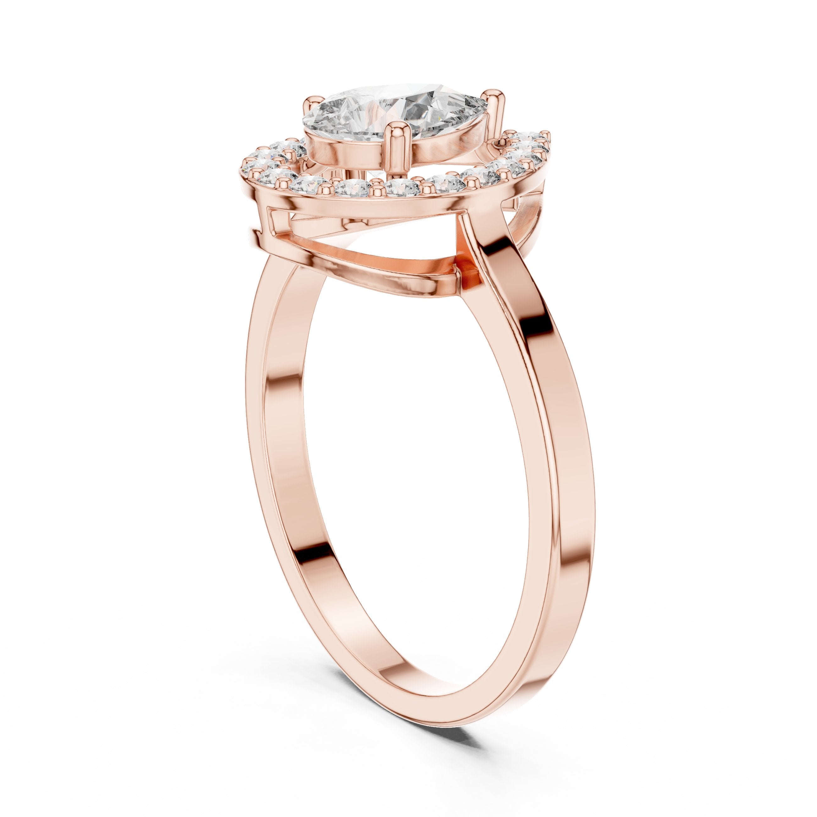 Pear Diamond Halo Engagement Ring with Plain Band in Rose Gold - VYKA Diamonds